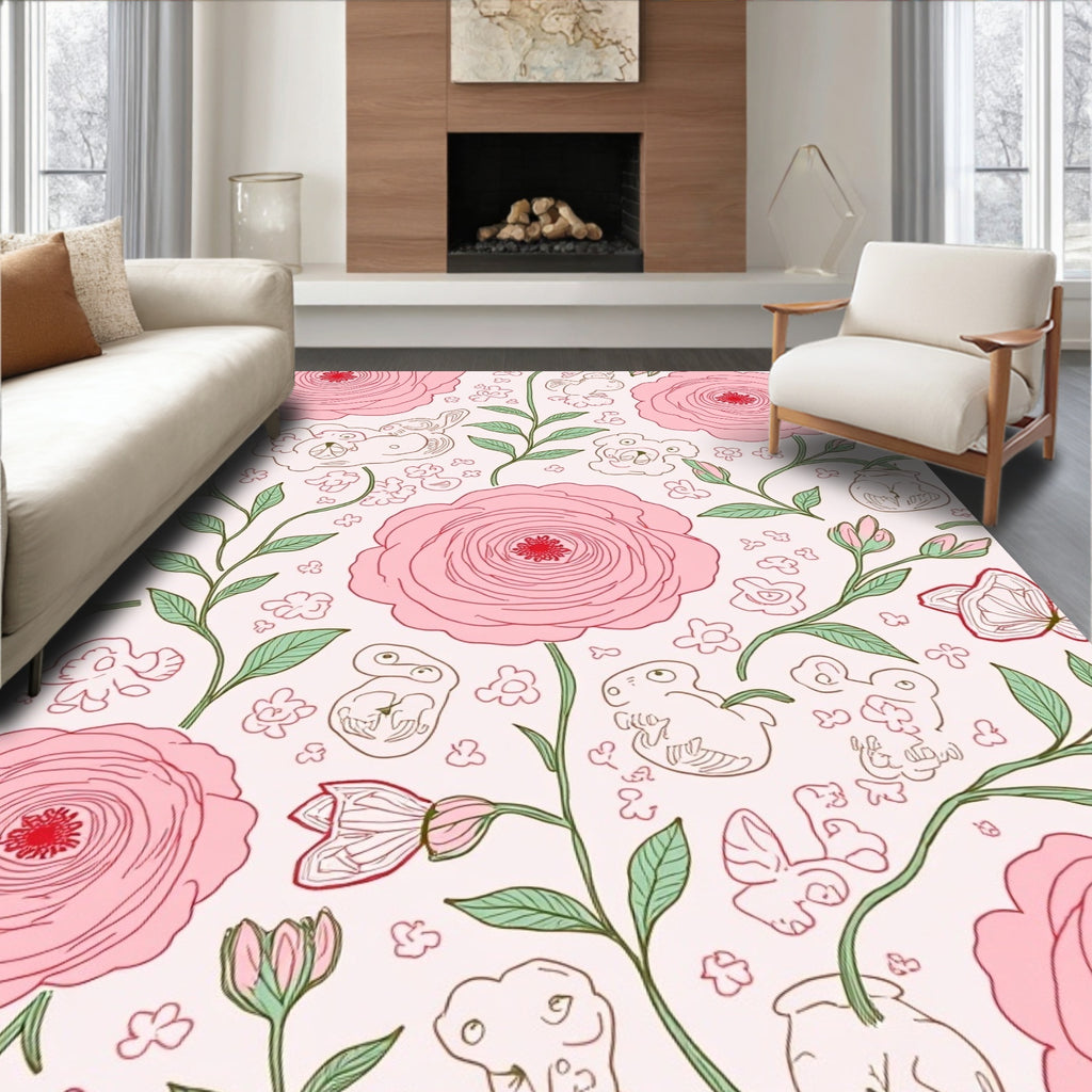 Whimsical Pink Floral Animal Pattern Rug