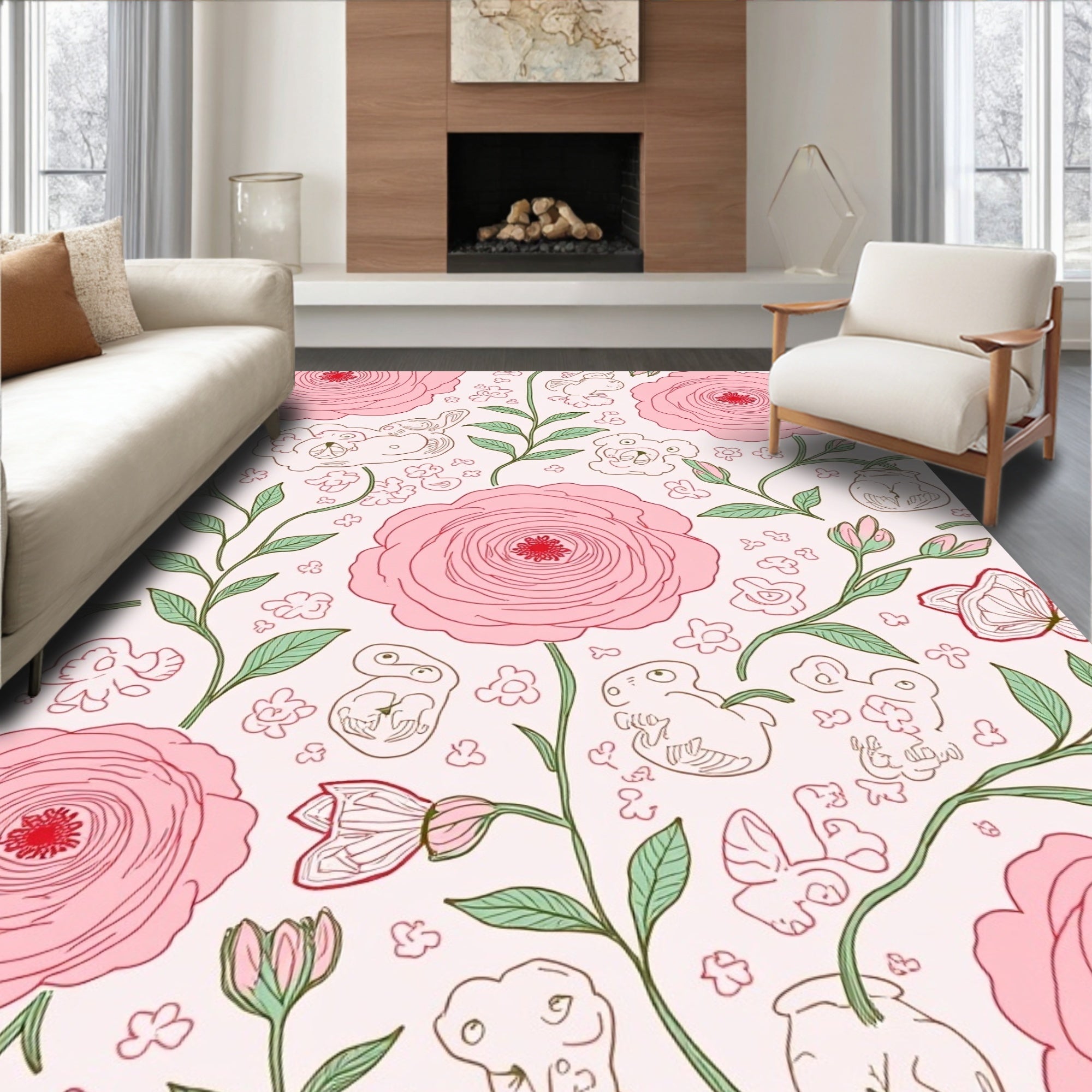 Whimsical Pink Floral Animal Pattern Rug