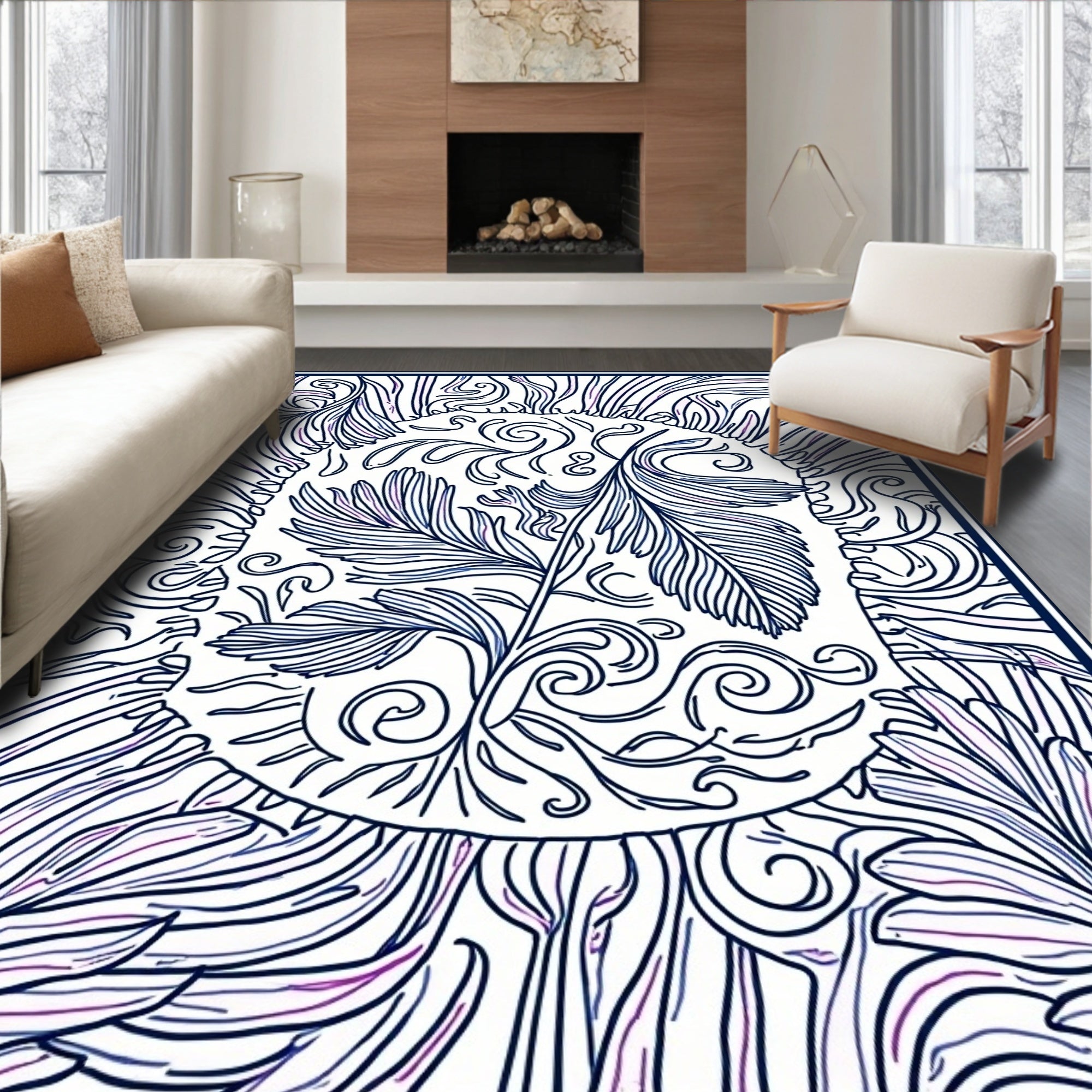 Intricate Blue Purple Floral Swirls Design Rug