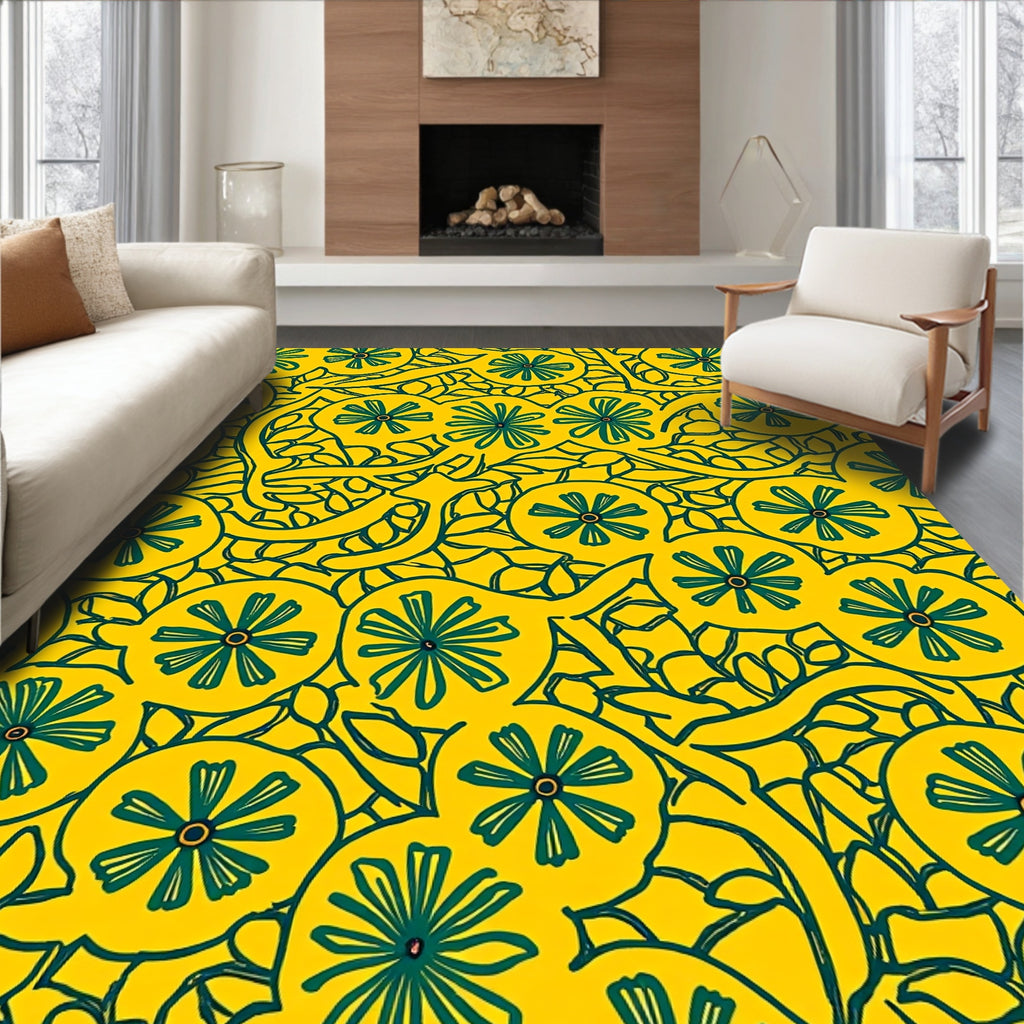 Yellow Citrus Blooms With Leaves Pattern Rug