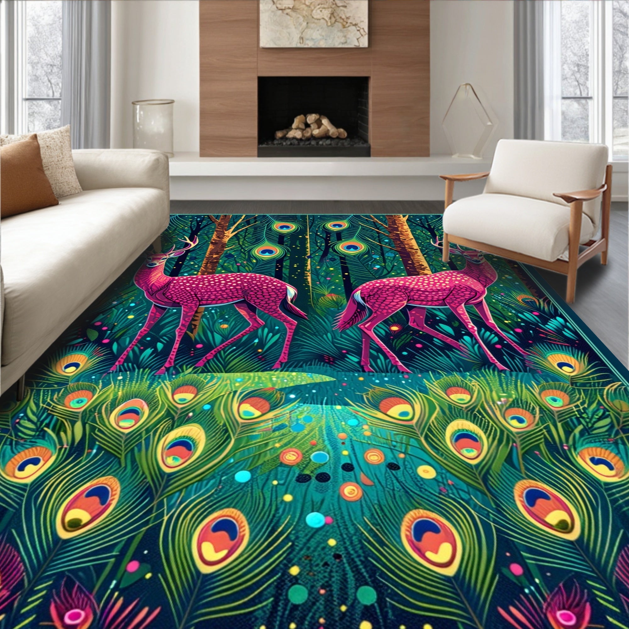 Whimsical Deer Peacock Feather Forest Rug