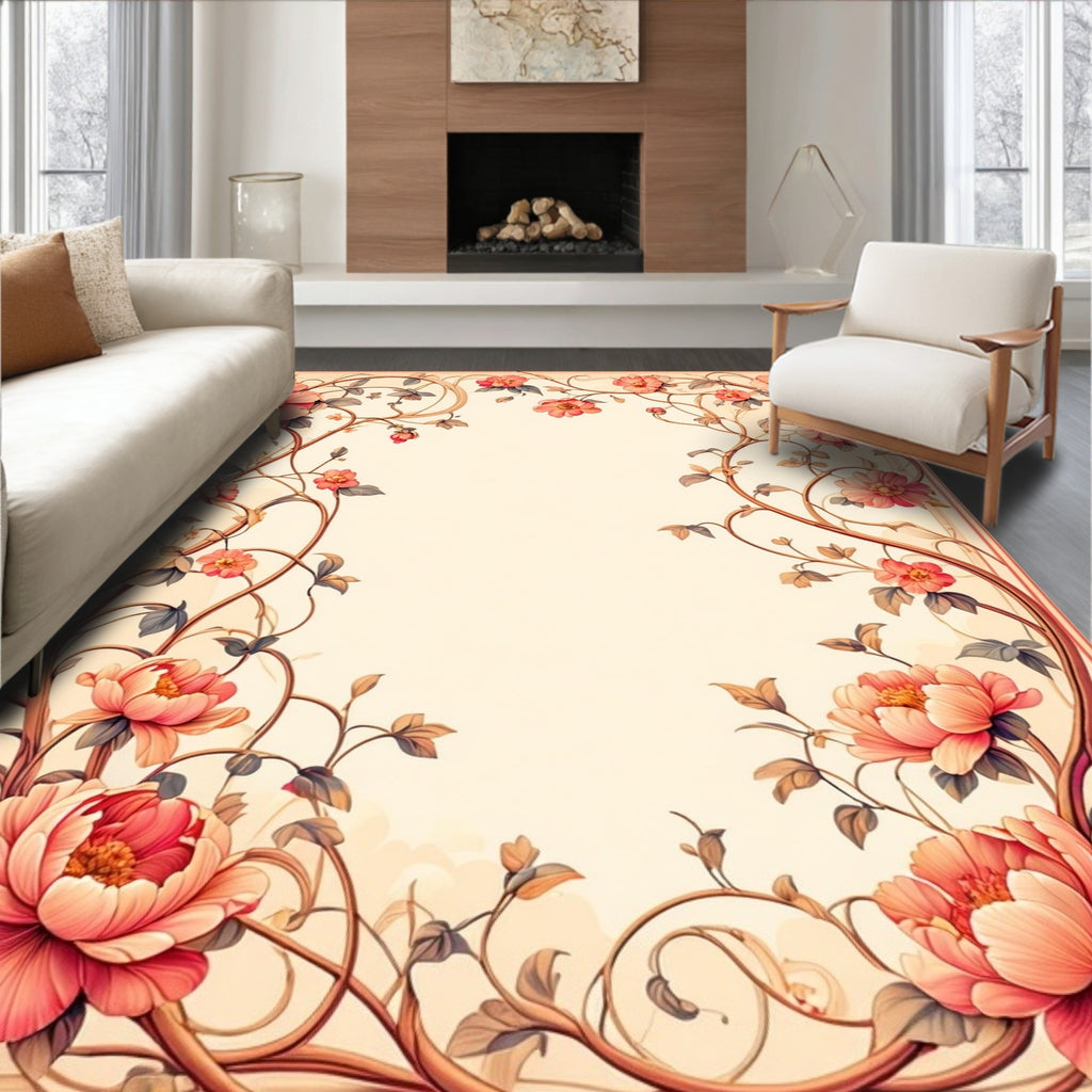 Elegant Coral Peony Vine Pattern Rug