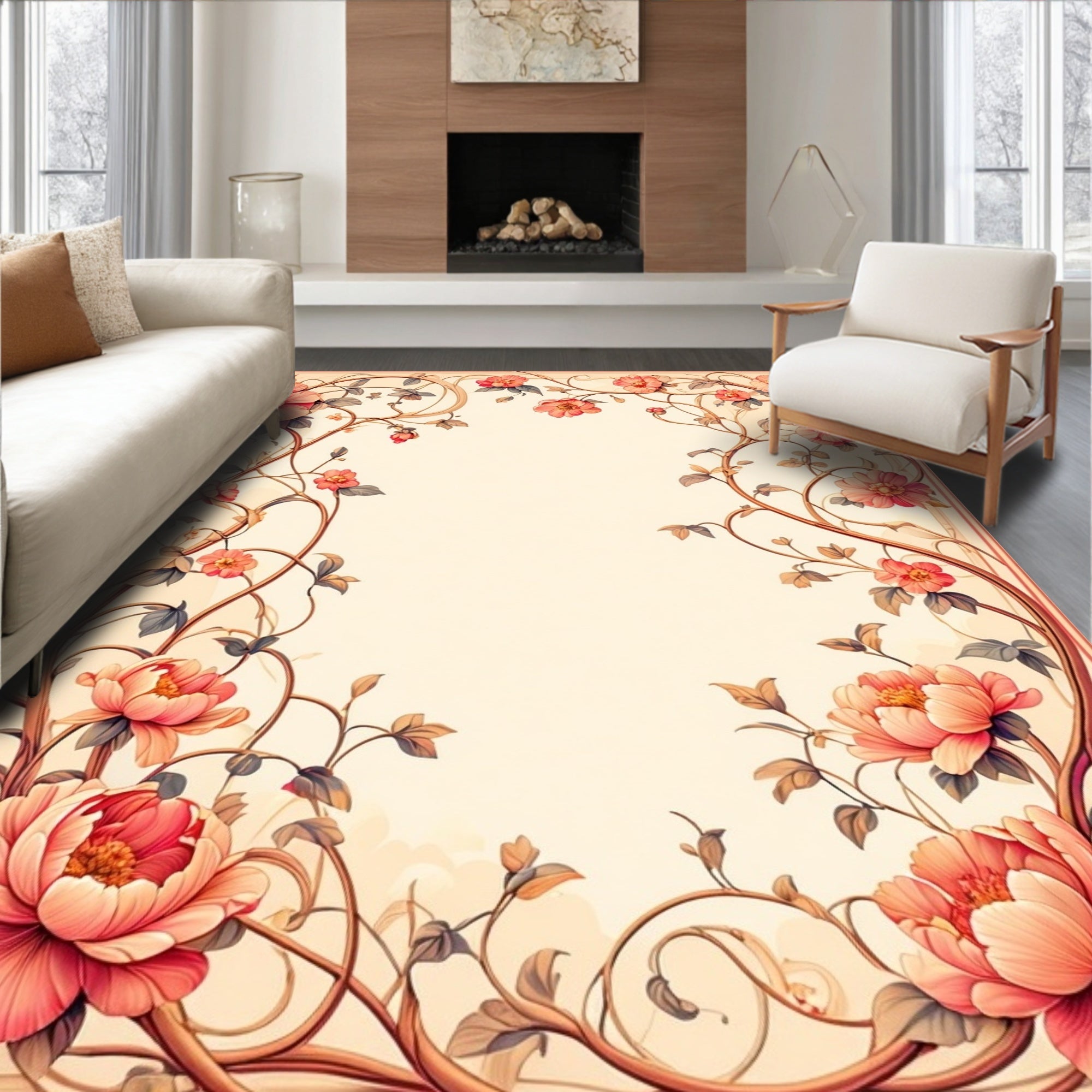 Elegant Coral Peony Vine Pattern Rug