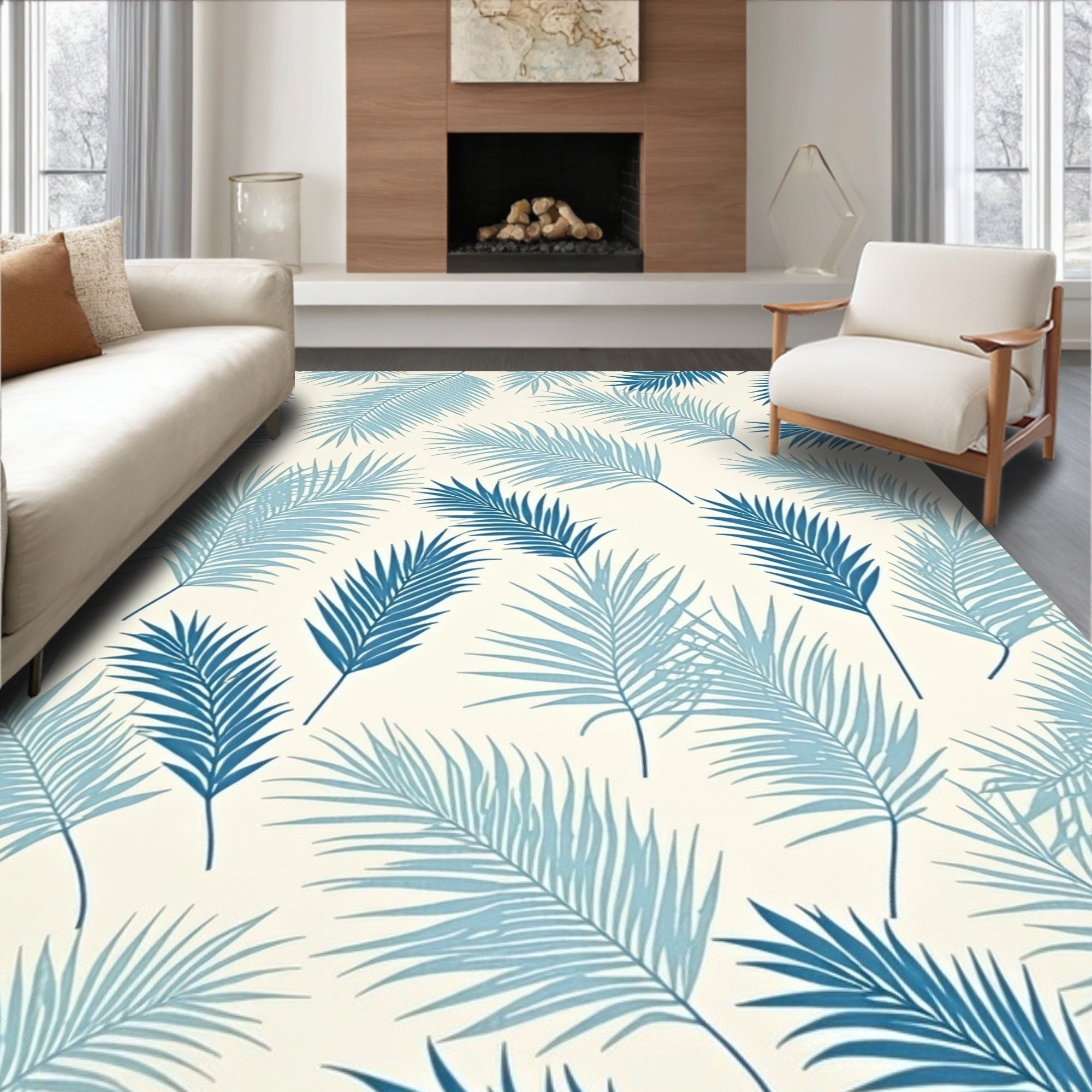 Tropical Leaf Patterned Blue Fibers Rug