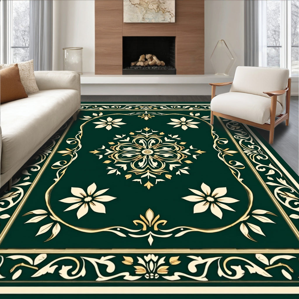 Elegant Green Gold Floral Rug
