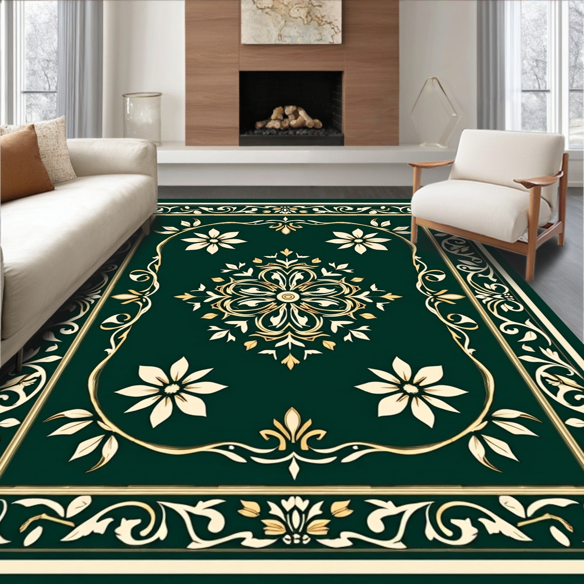 Elegant Green Gold Floral Rug