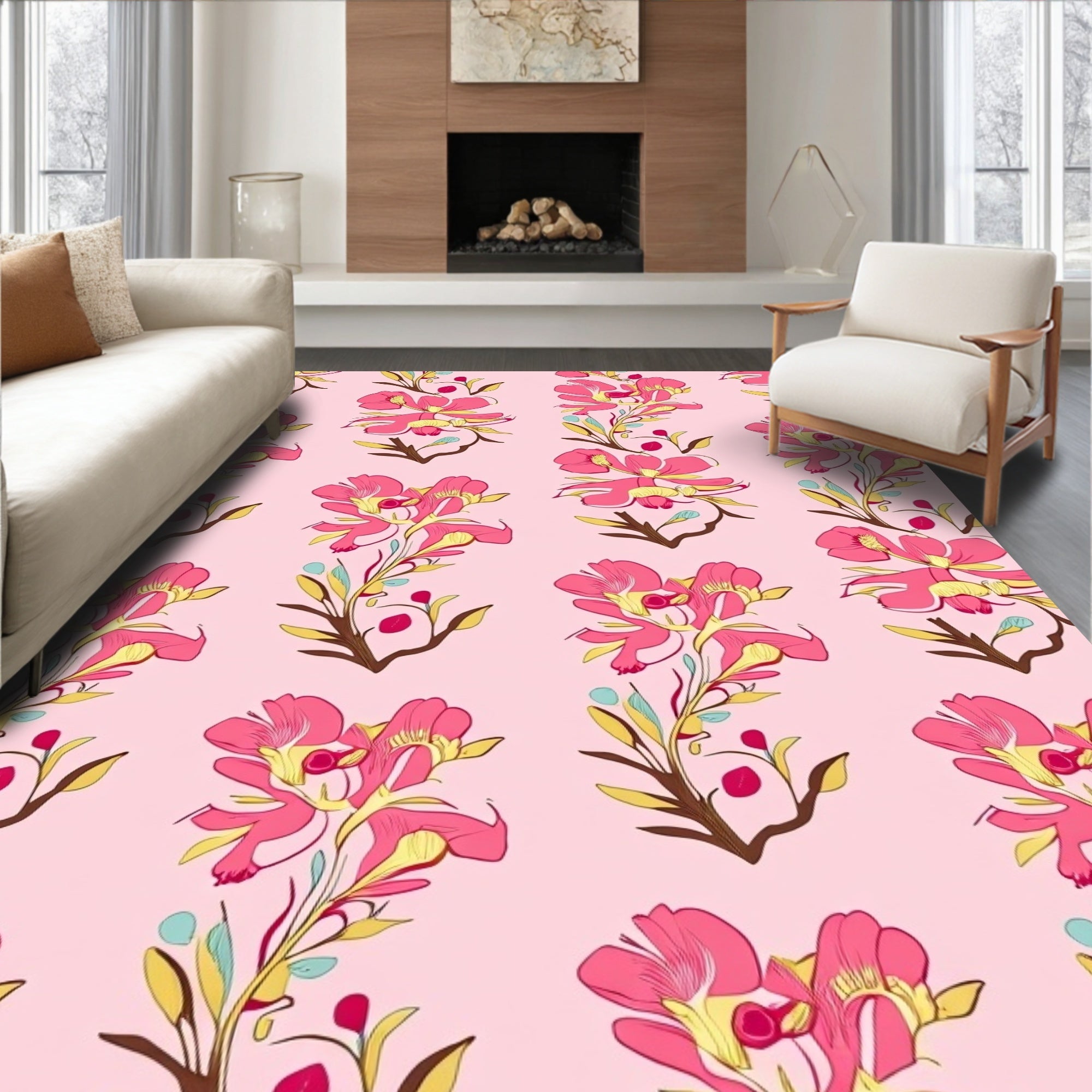 Pink Floral Branch Pattern Rug