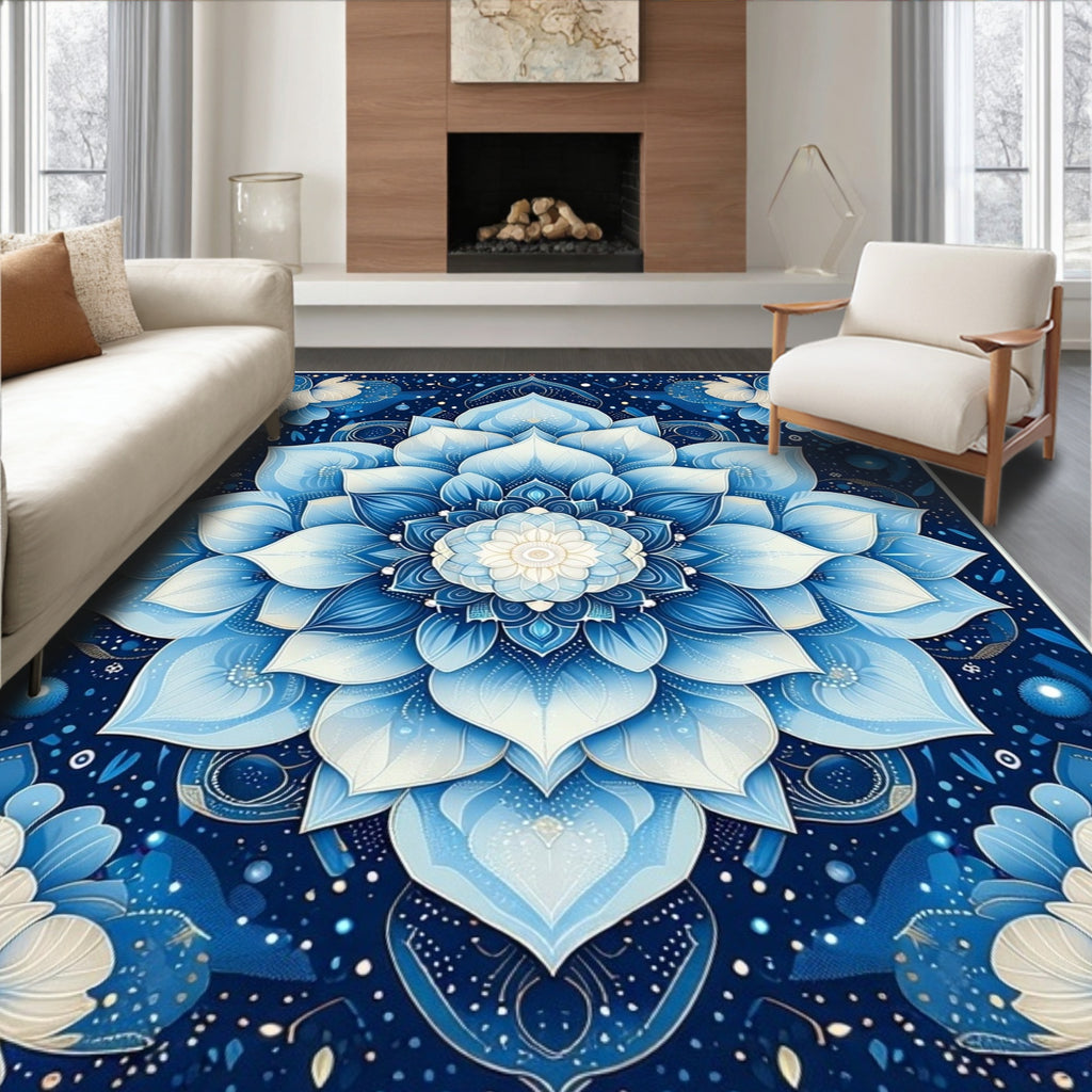 Intricate Blue Mandala Floral Pattern Rug