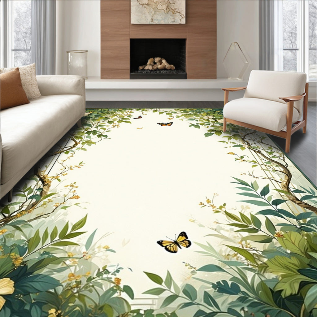 Earthy Greenery Butterfly Nature Print Rug