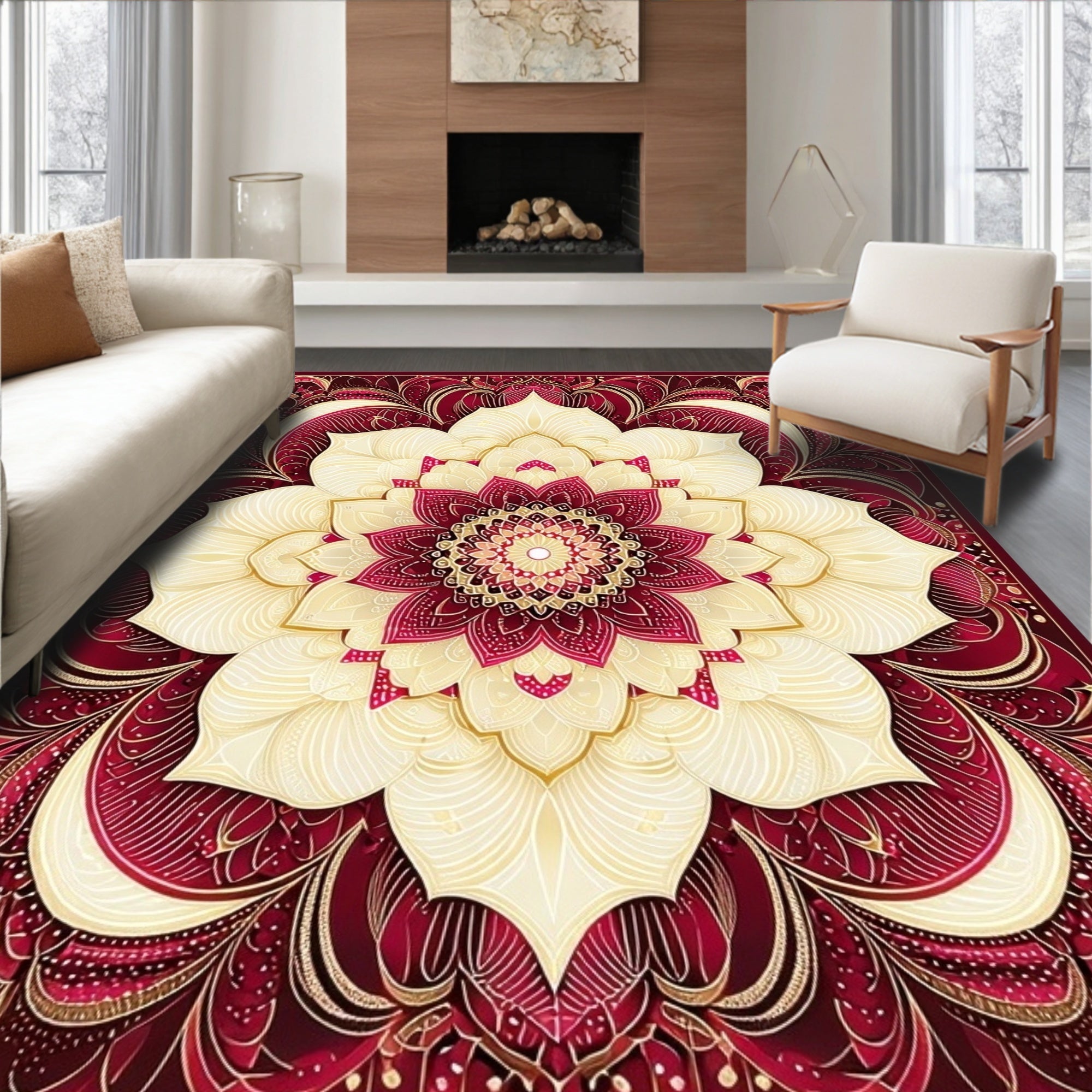 Crimson Flower Mandala Pattern Rug