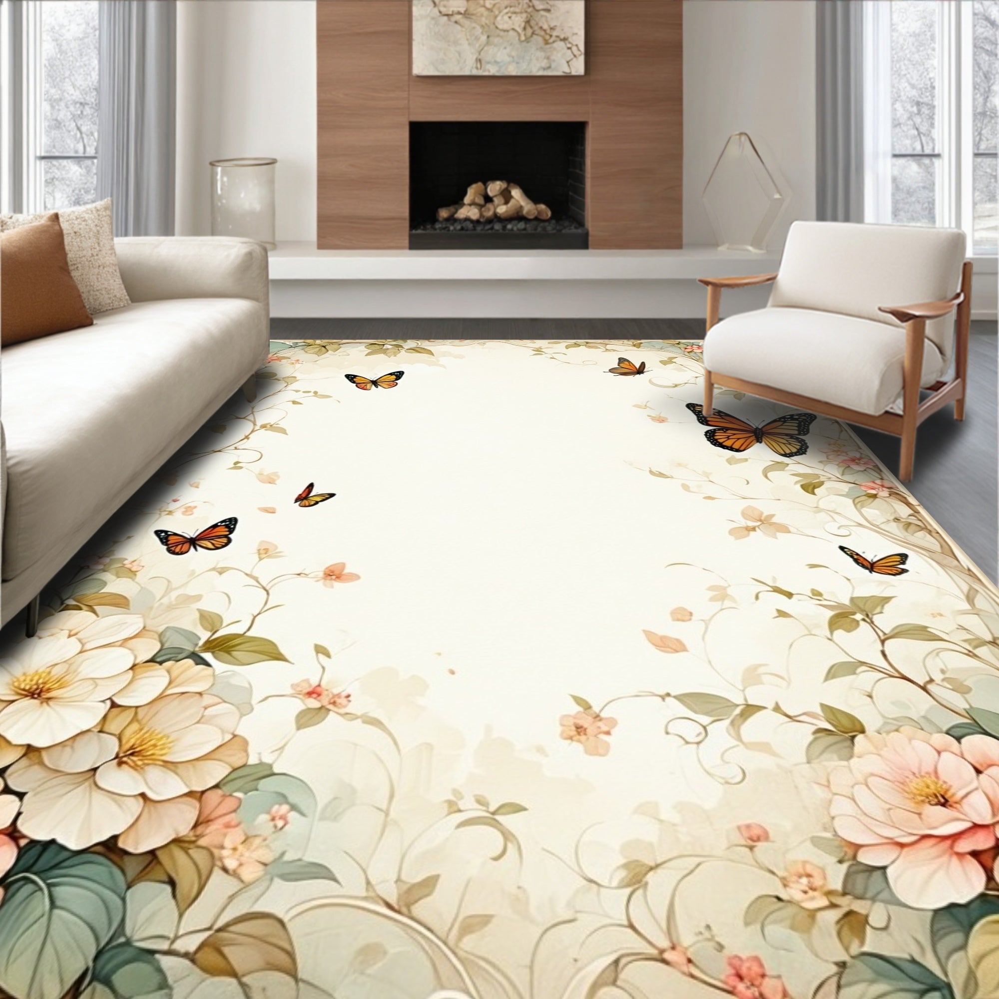 Floral Butterflies Leaves Print Rug
