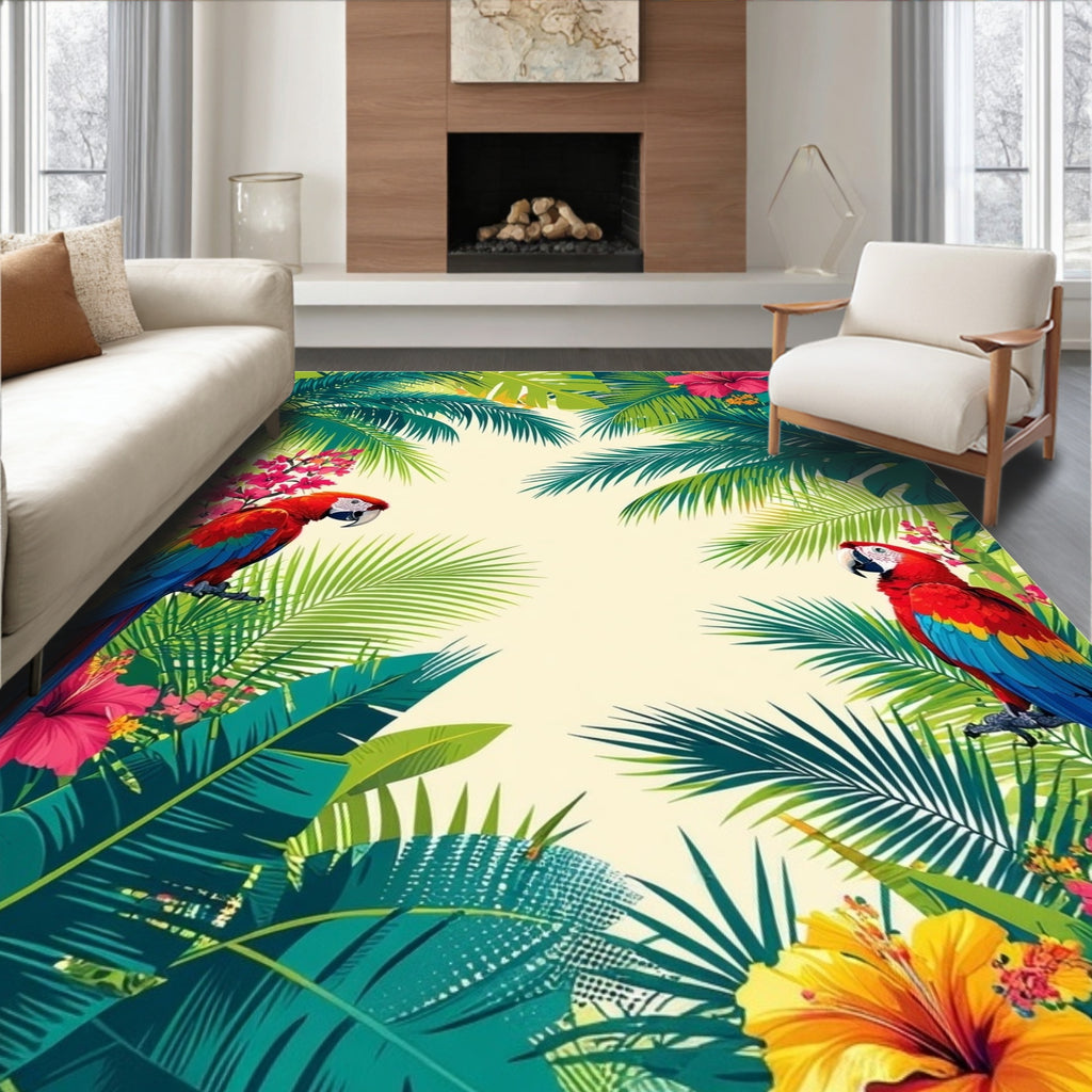 Vibrant Tropical Parrots Foliage Rug