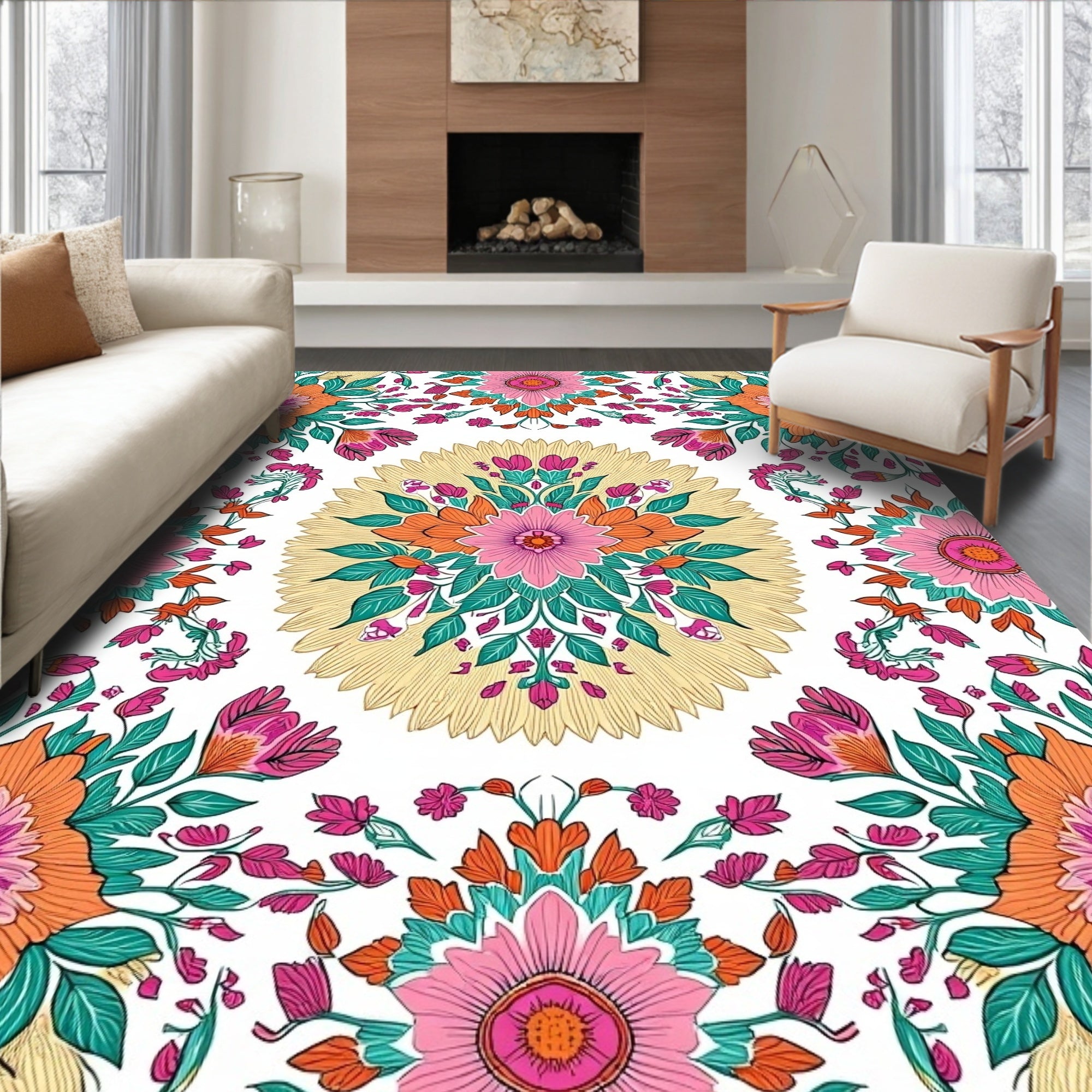 Vibrant Floral Mandala Patterned Rug