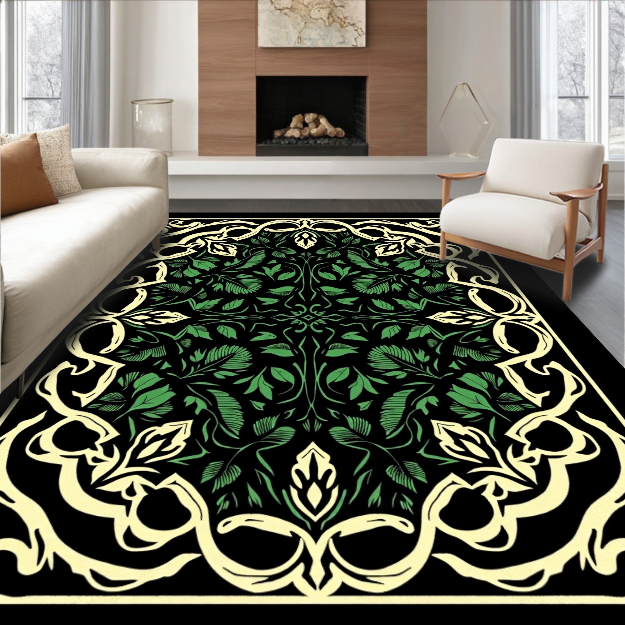 Elegant Emerald Leaf Scroll Mandala Rug