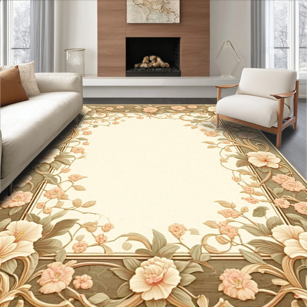 Soft Peach Floral Vine Border Rug