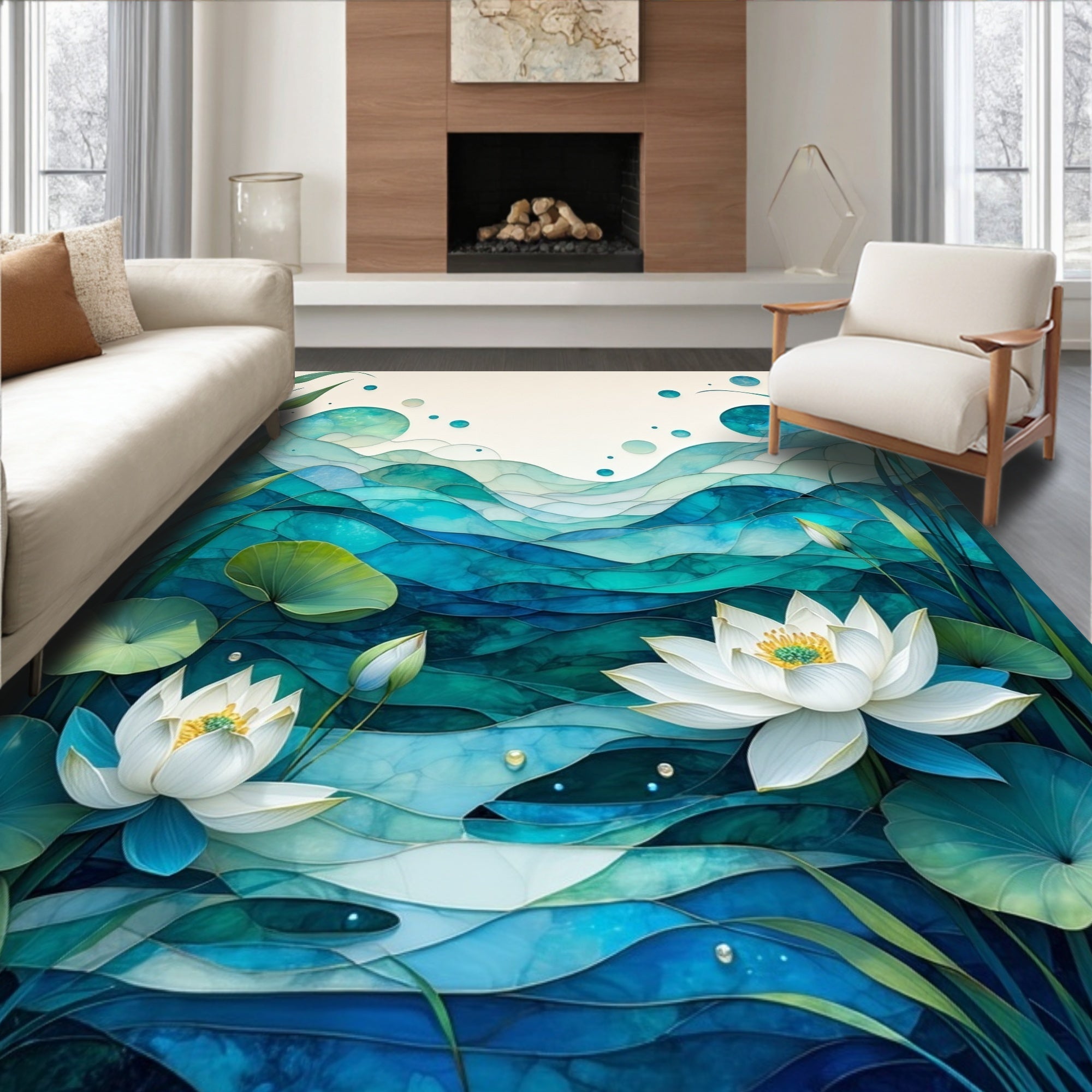 Serene Water Lily Abstract Waves Rug