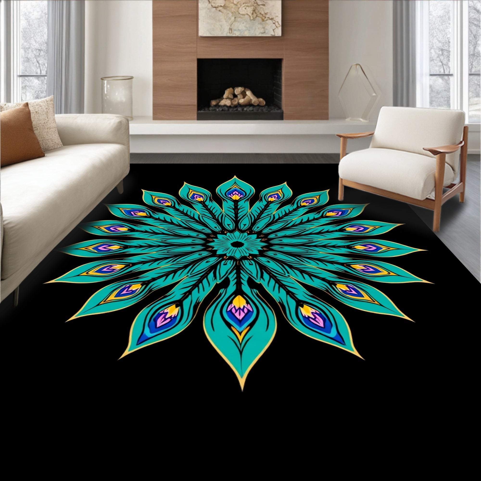 Vibrant Teal Peacock Feather Mandala Rug