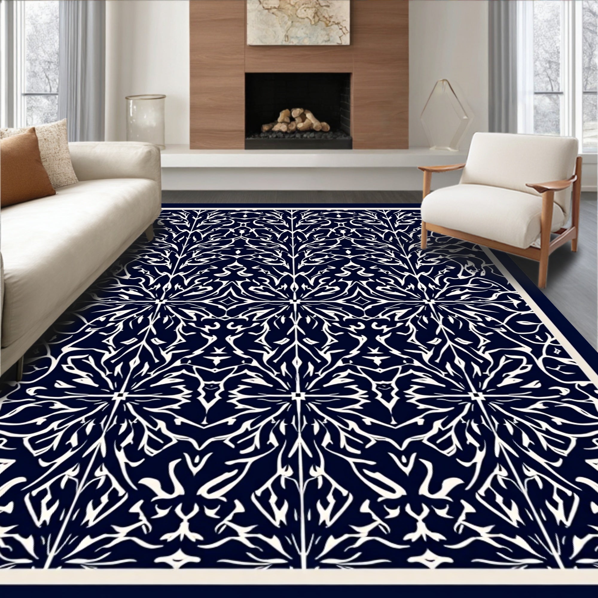 White Calligraphy Floral Pattern Rug