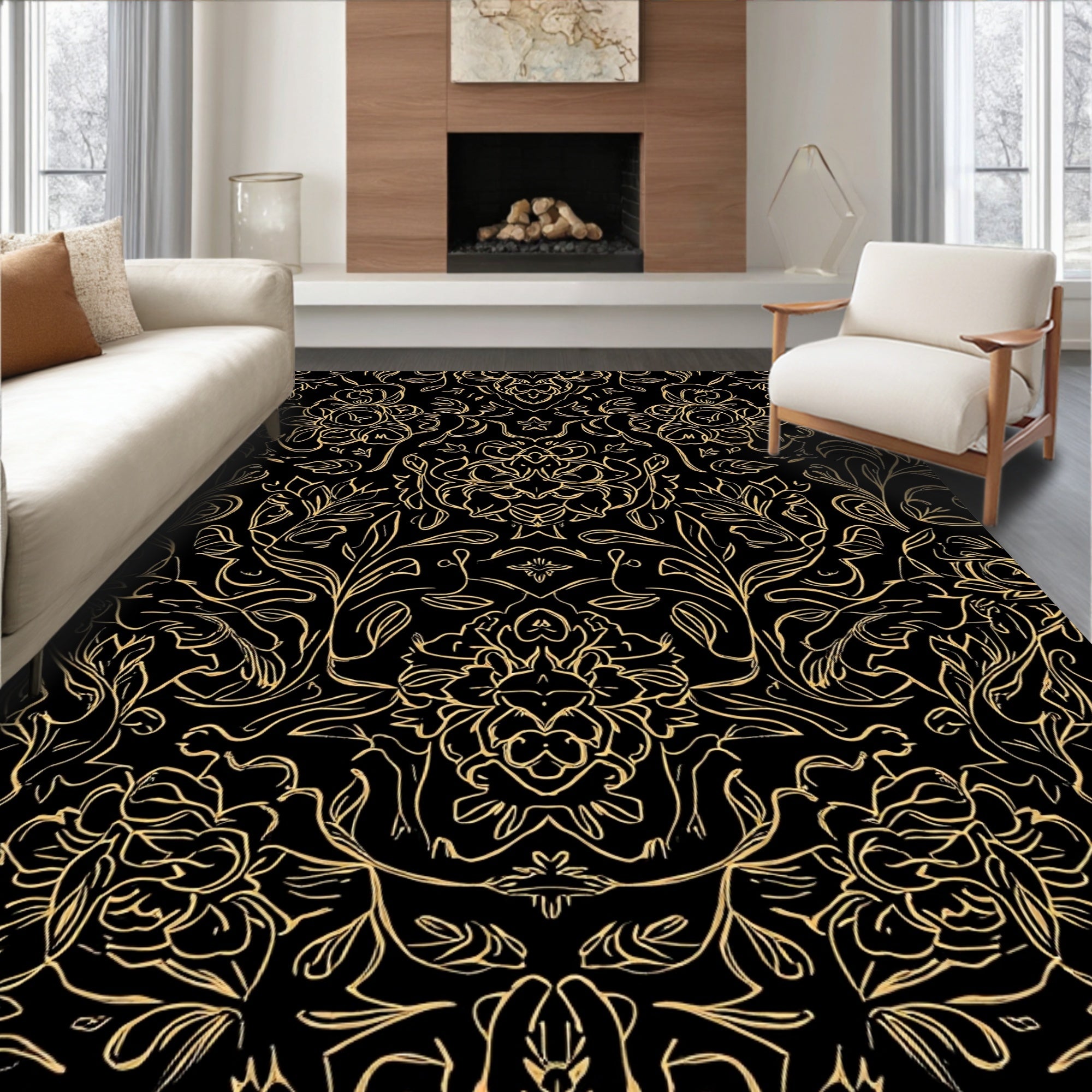 Gold Floral Damask Pattern Rug