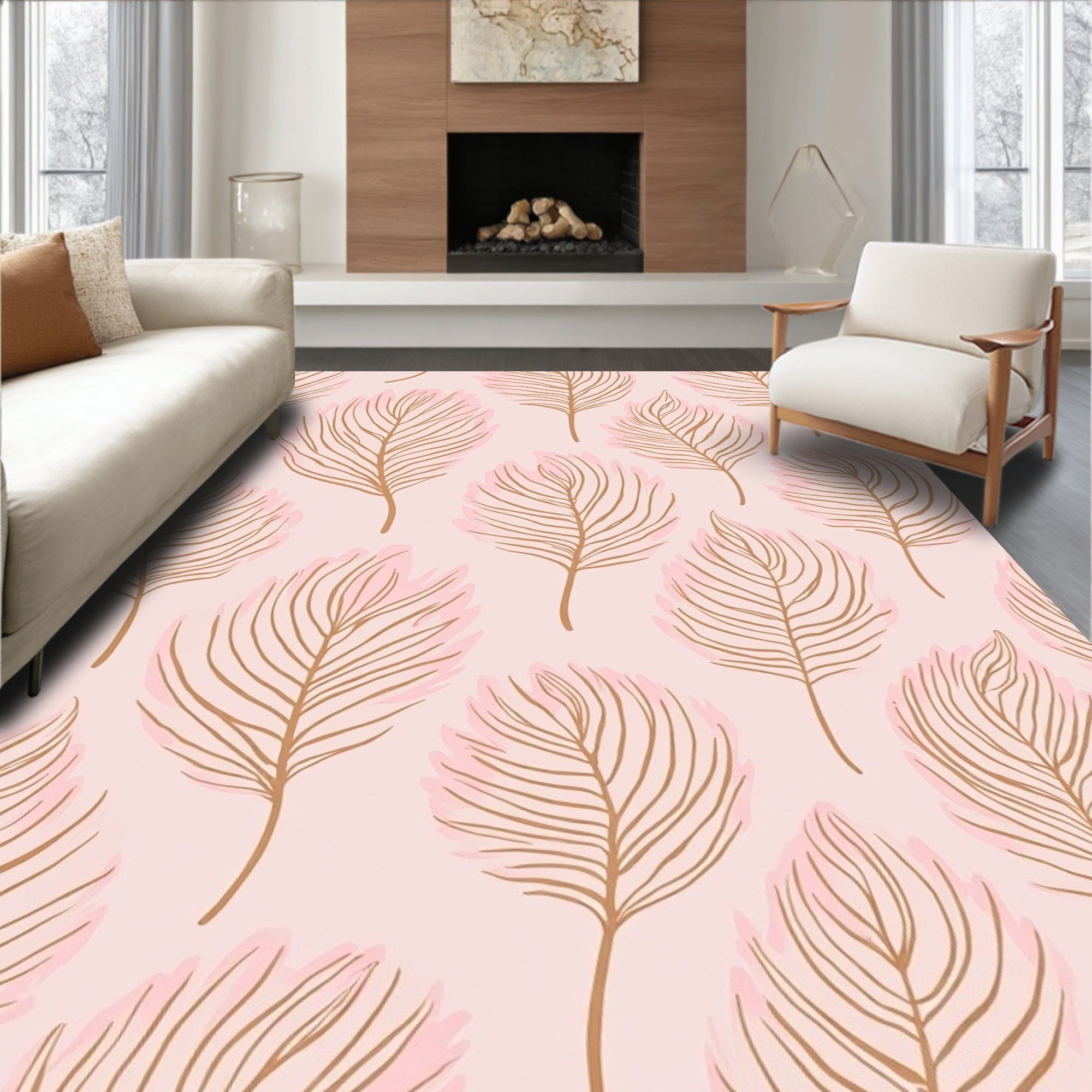 Pink and Gold Leaf Pattern Rug