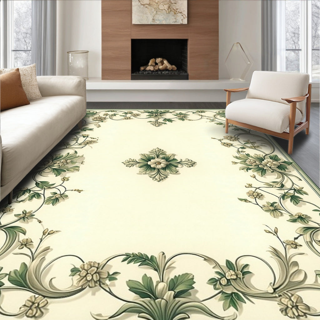 Elegant Floral Swirl Green Scroll Rug