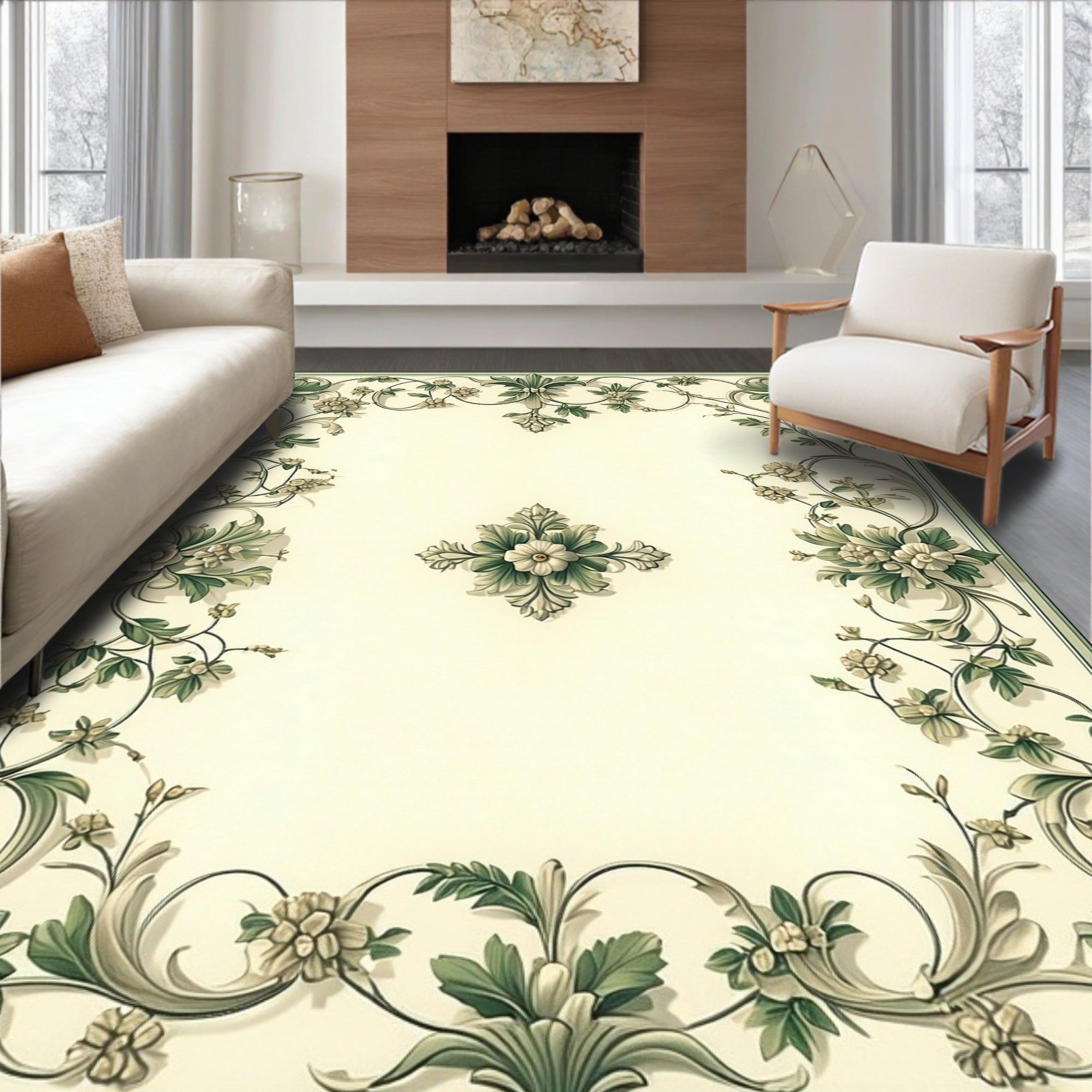 Elegant Floral Swirl Green Scroll Rug