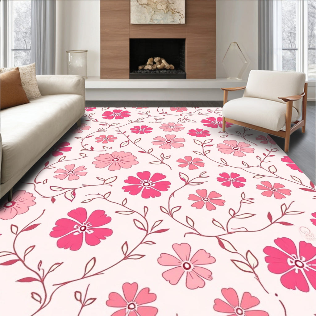 Pink Daisy Patterned Floral Design Rug