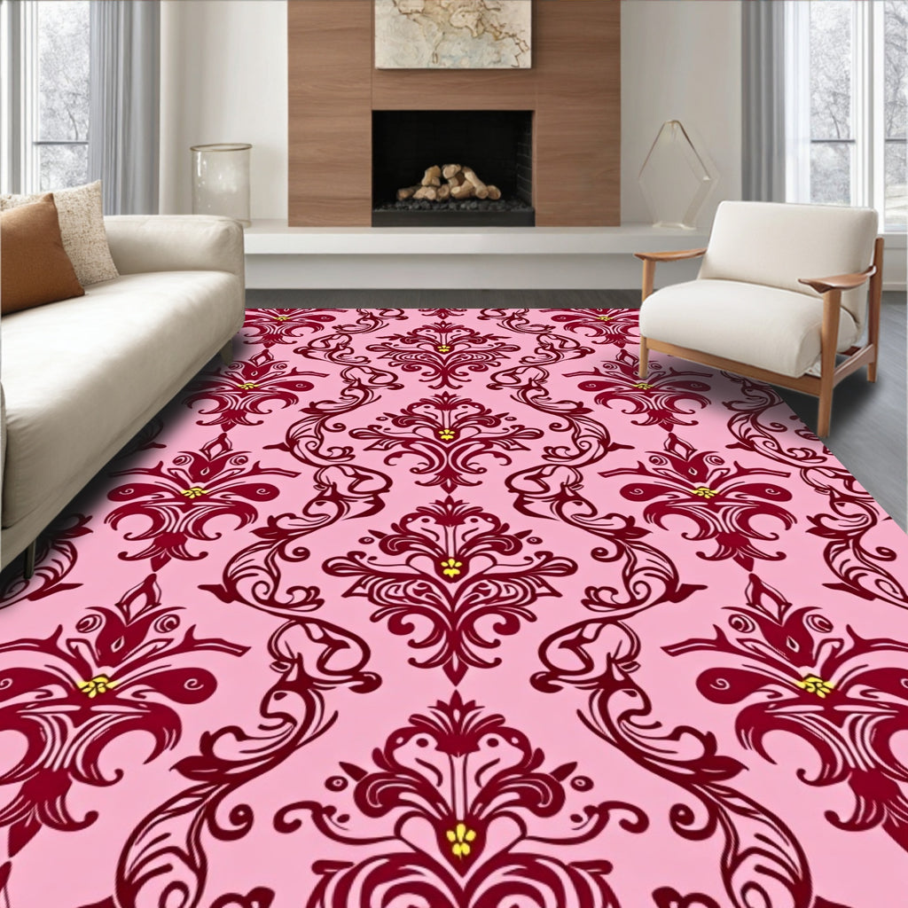Crimson Floral Damask Pink Background Rug