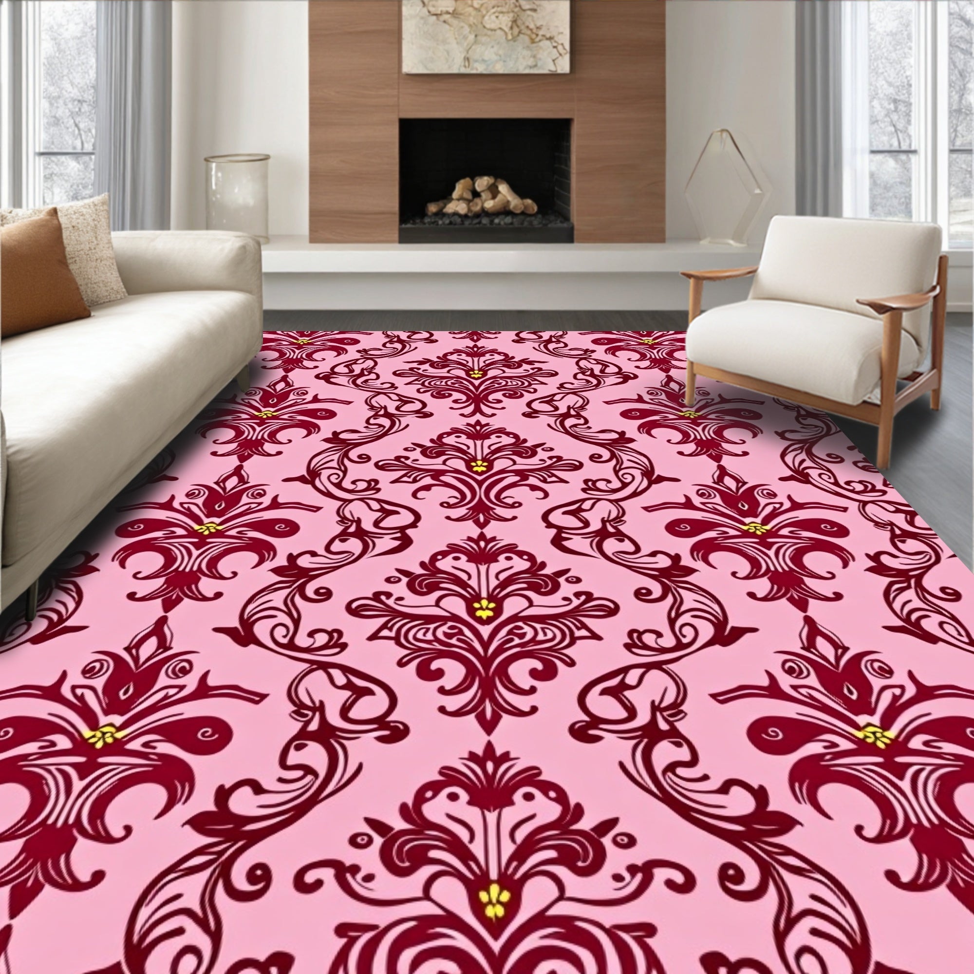 Crimson Floral Damask Pink Background Rug