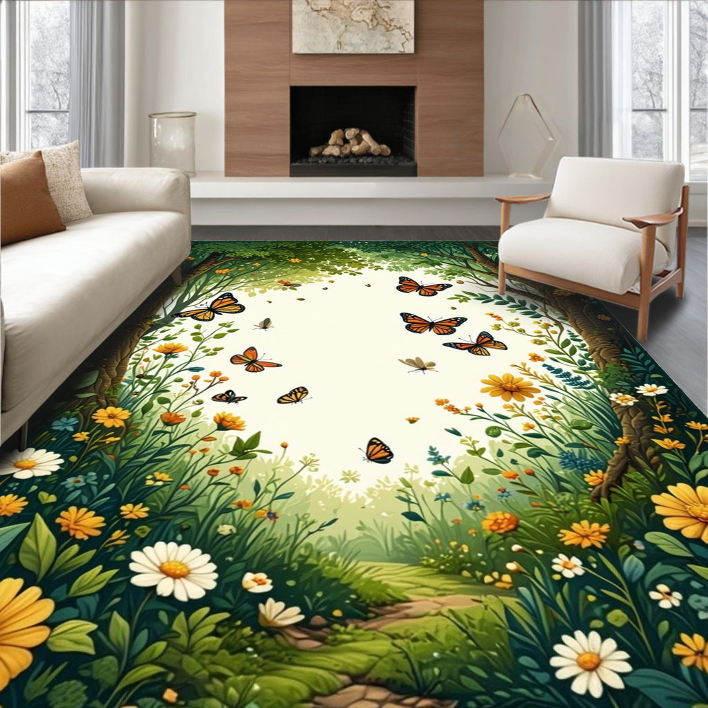 Whimsical Butterfly Garden Scenic Print Rug