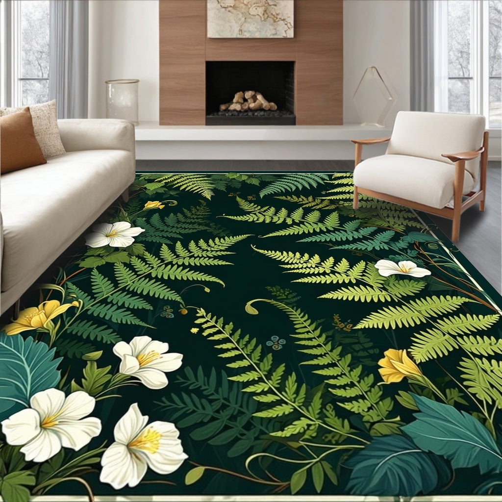Lush Greenery With White Flower Accents Rug