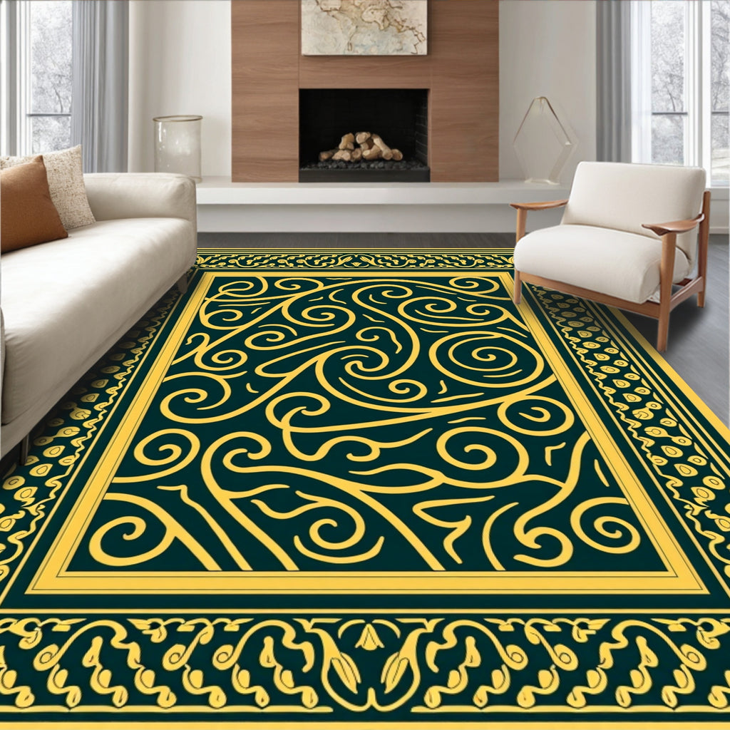 Golden Swirls With Ornate Border Rug