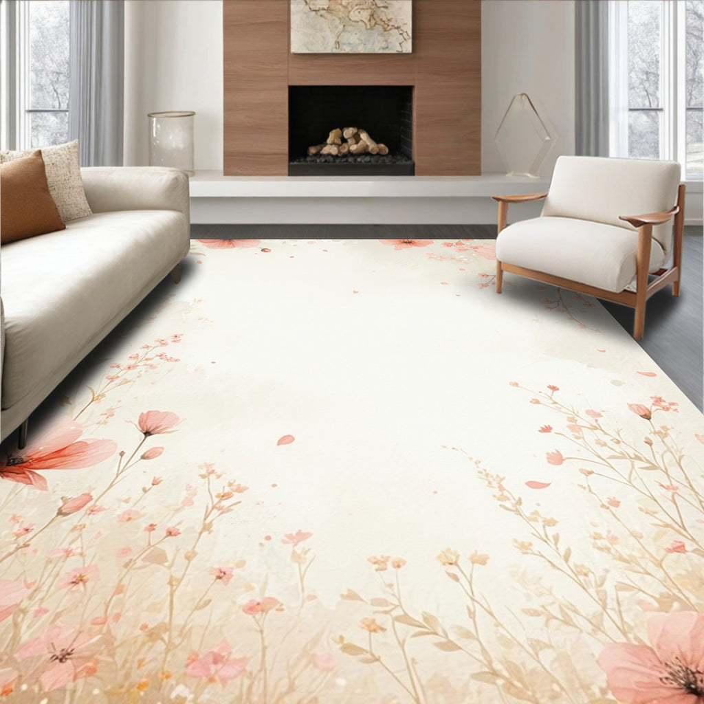 Soft Peach Floral Meadow Design Rug