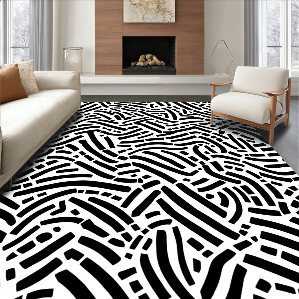 Abstract Black White Wavy Lines Pattern Rug