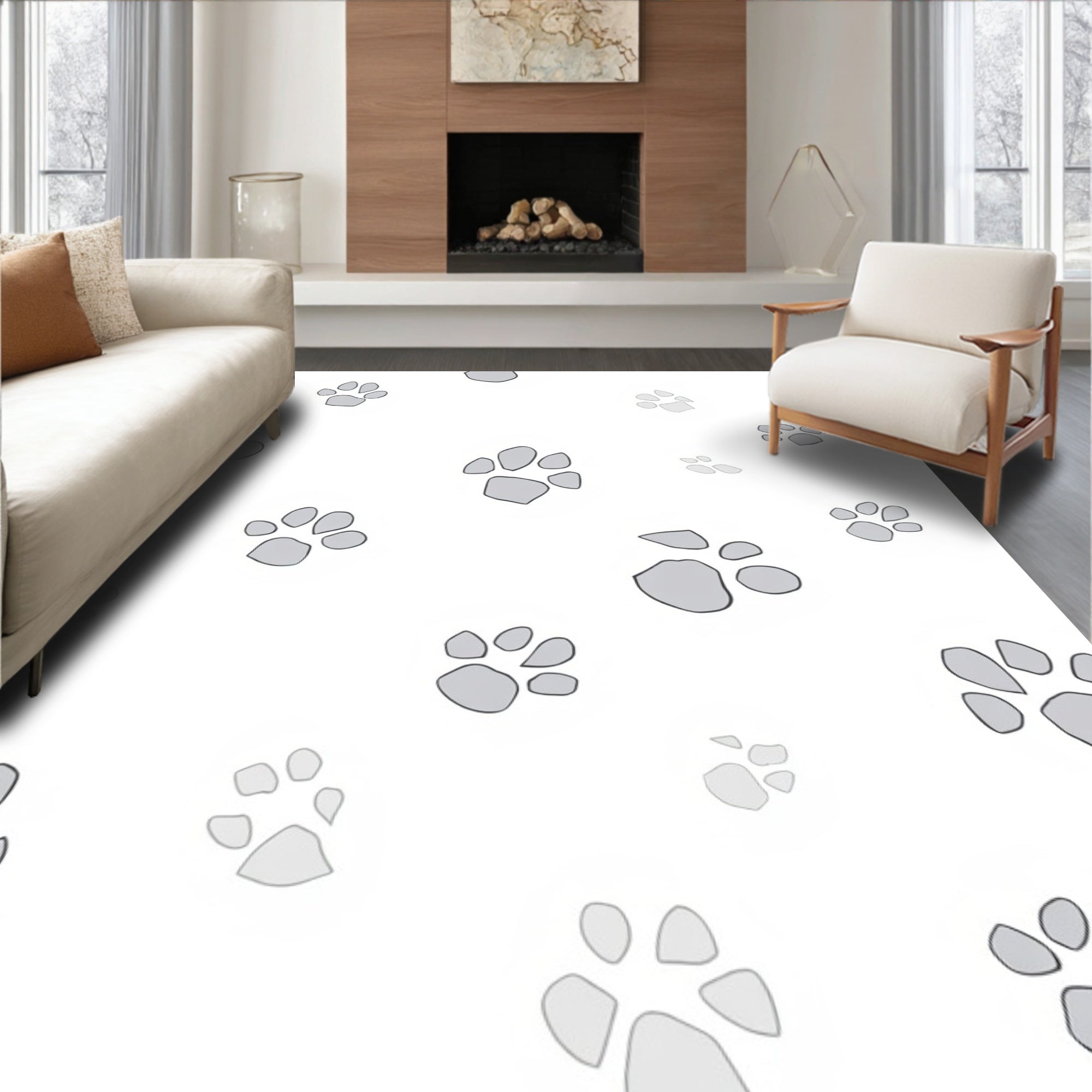 Gray Paw Prints on White Background Rug