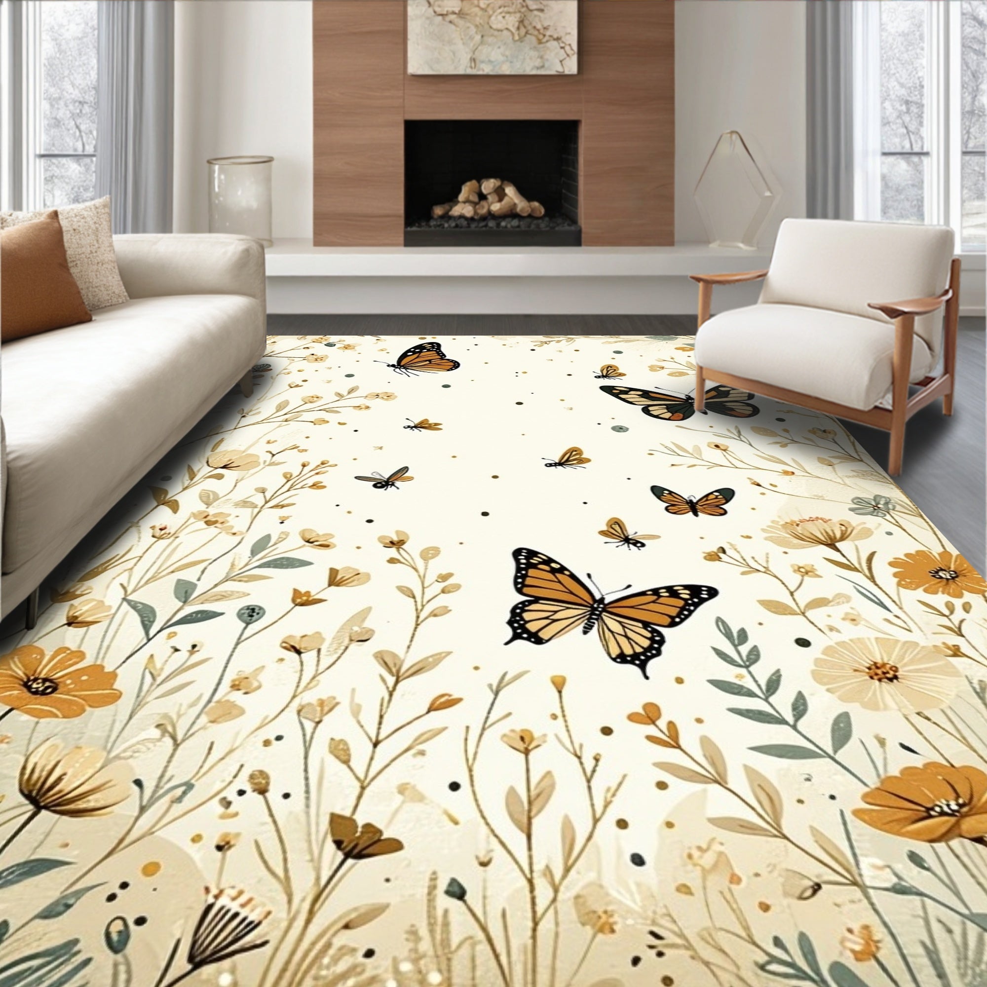 Floral Monarch Butterfly Garden Pattern Rug