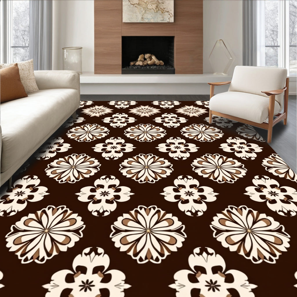Floral Motif Brown Cream Geometric Pattern Rug