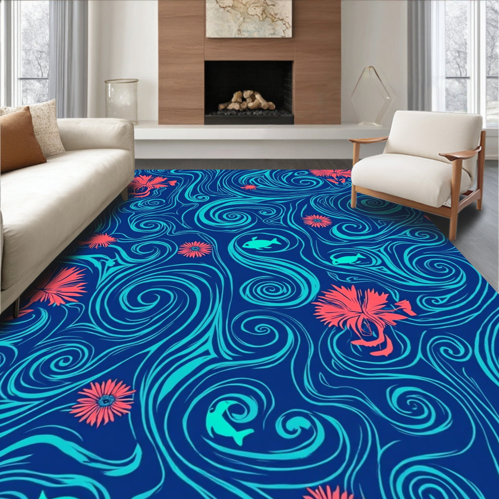 Oceanic Swirls And Floral Motifs Rug