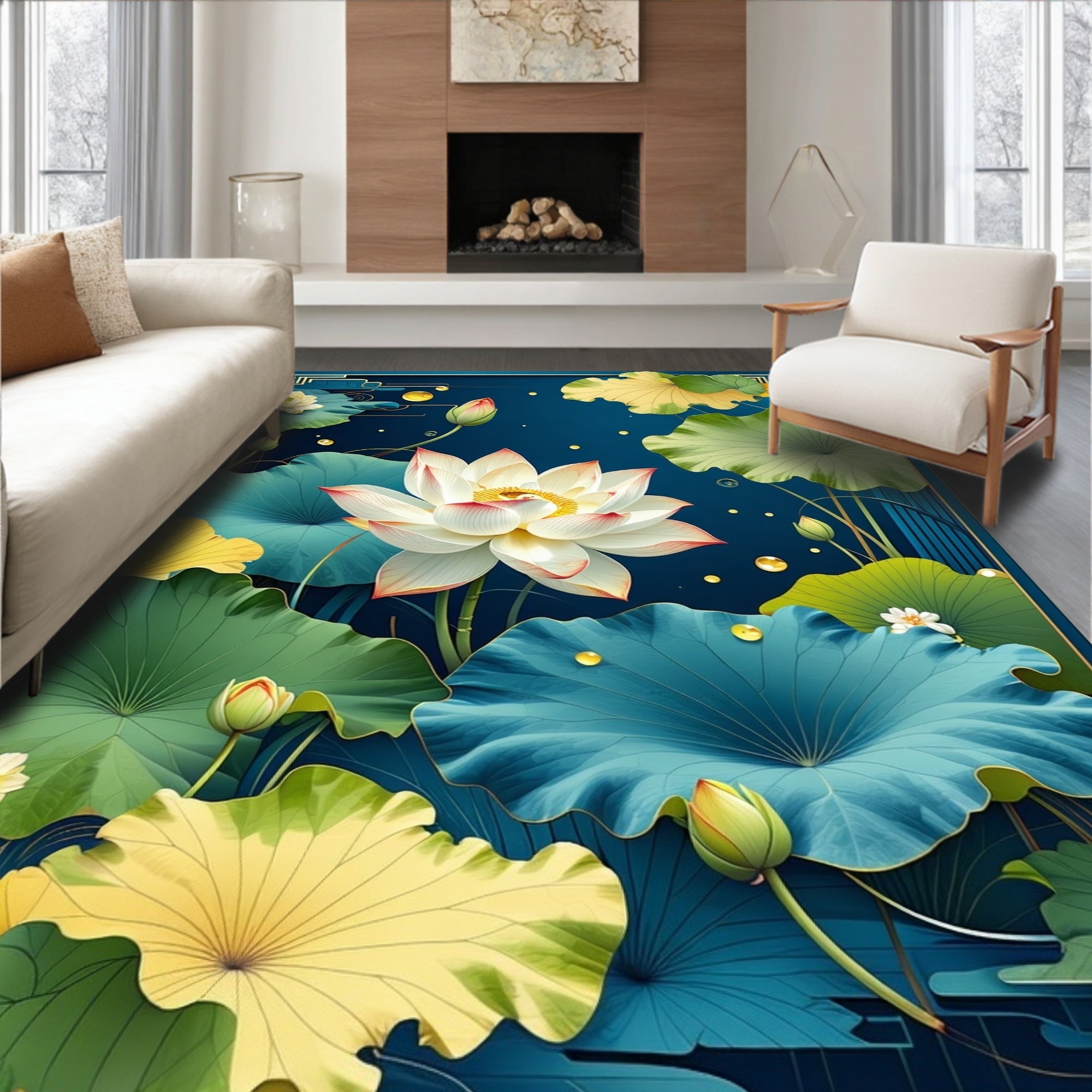 Elegant Lotus Floral Motif Design Rug