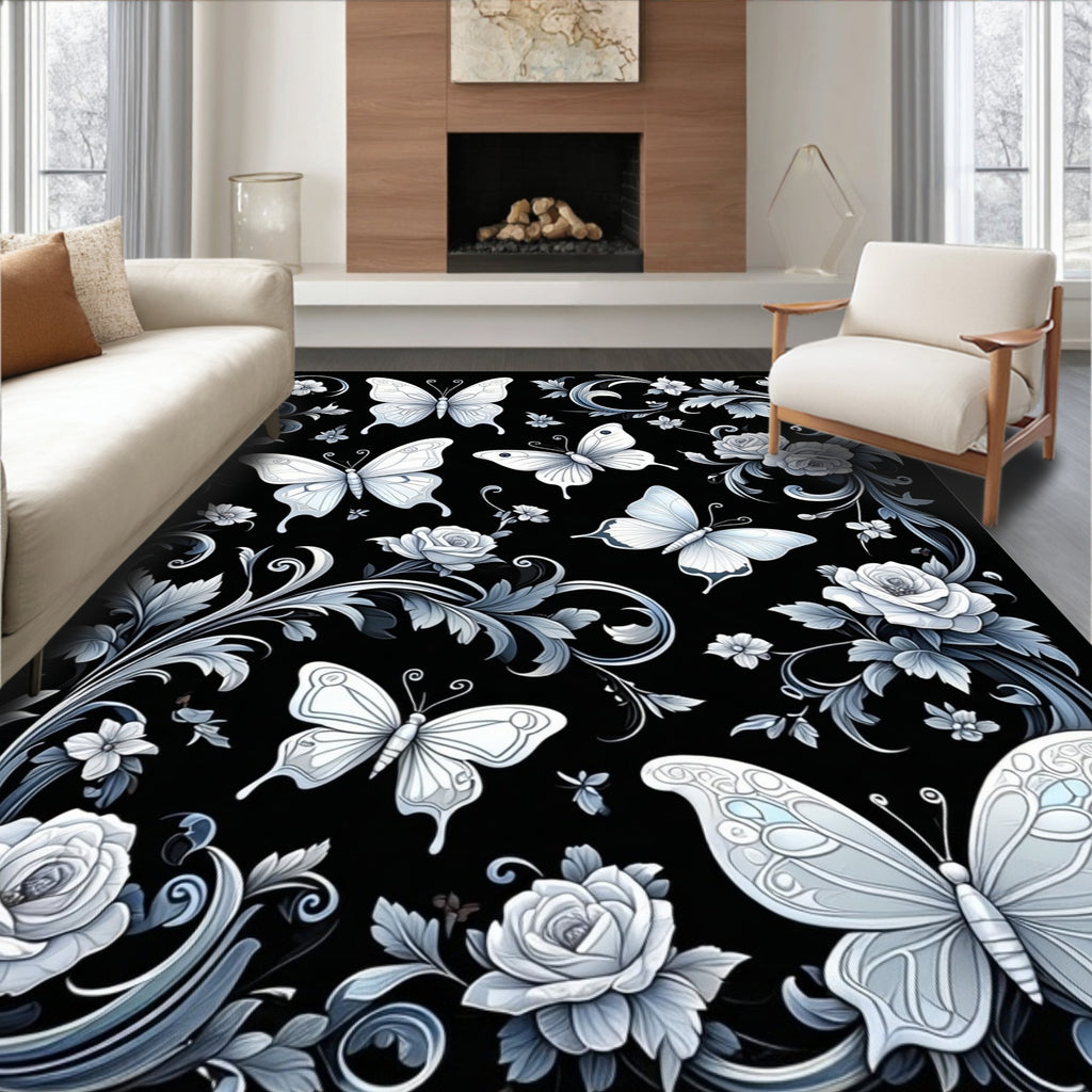 Vintage Butterfly and Rose Scroll Pattern Rug