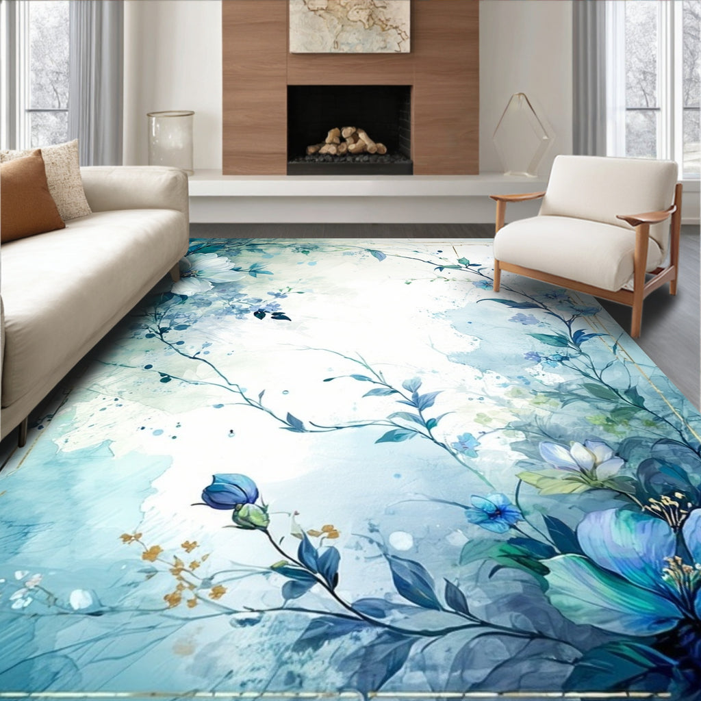 Ethereal Blue Floral Watercolor Design Rug