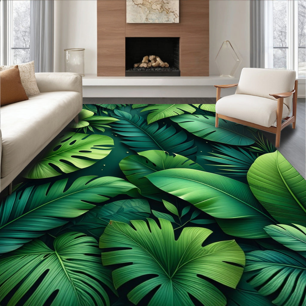 Lush Green Tropical Leaf Pattern Rug