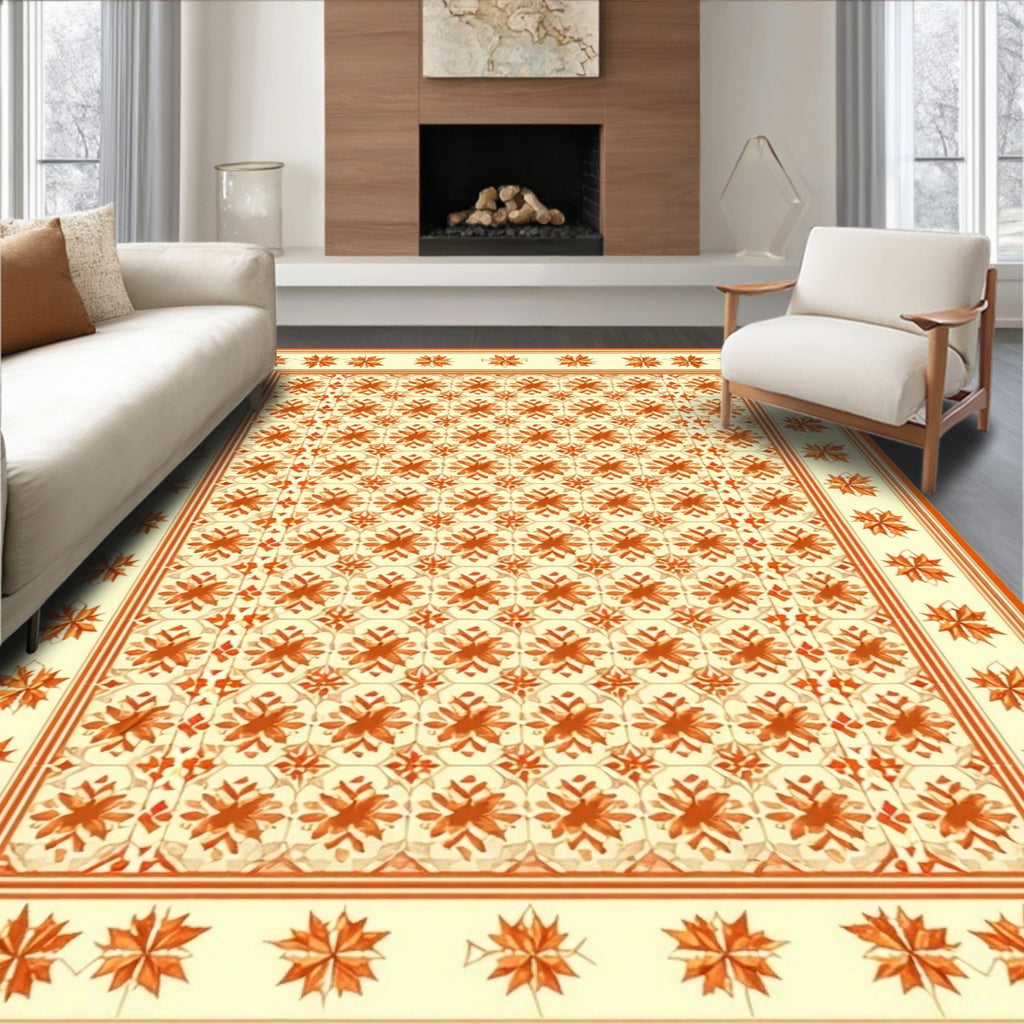 Orange Flower Patterned Rustic Rug