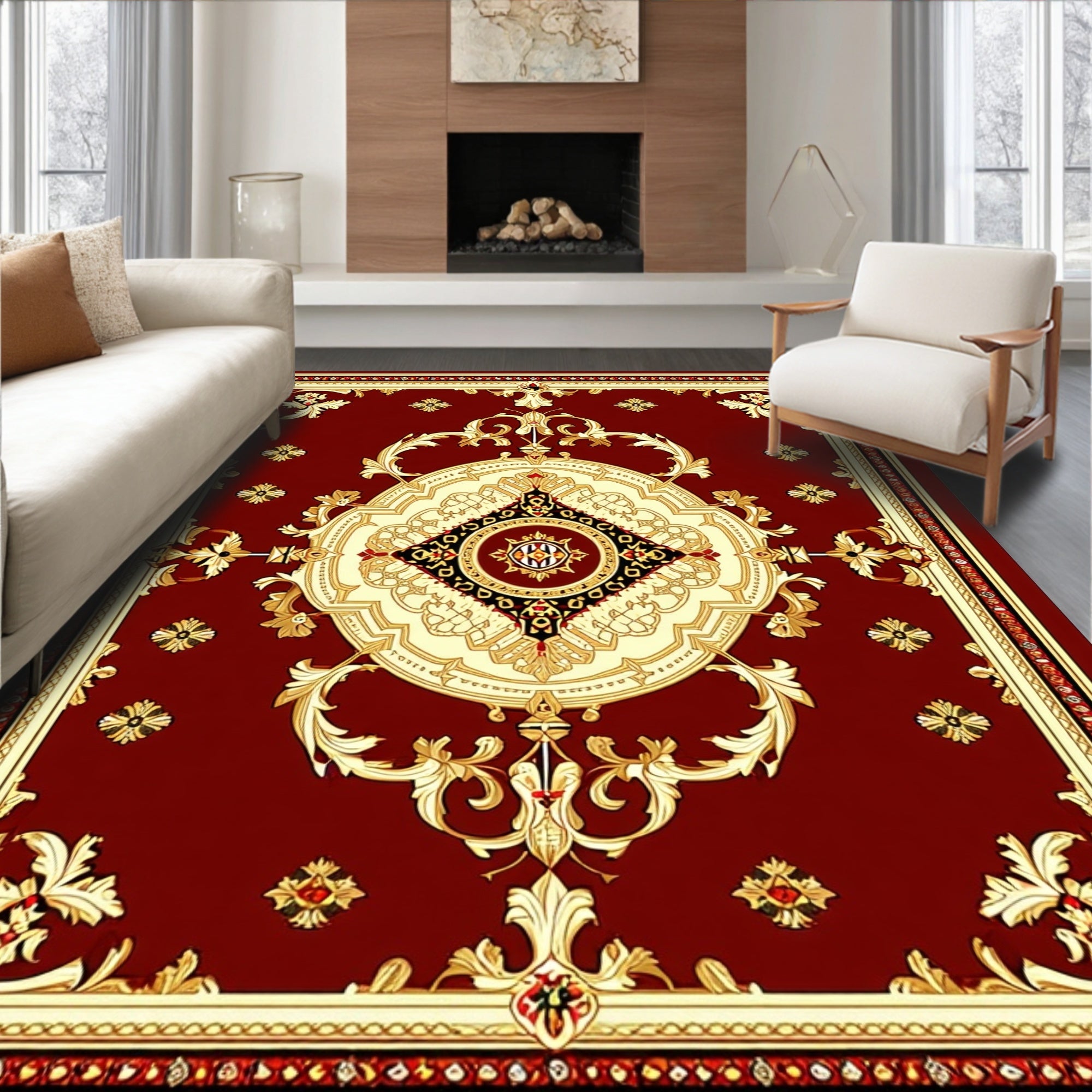 Elegant Red Gold Medallion Pattern Rug