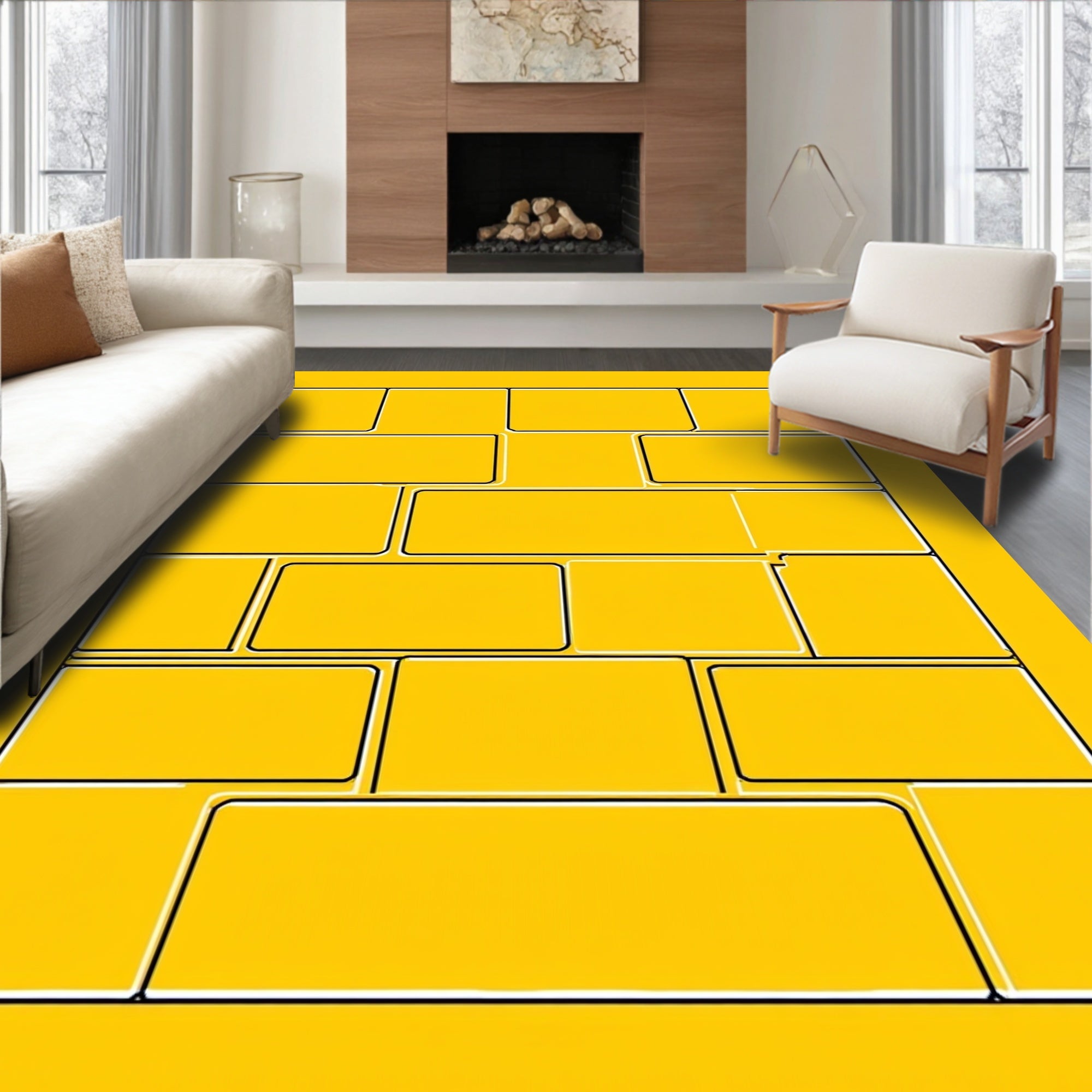 Bold Yellow Rectangular Block Pattern Rug