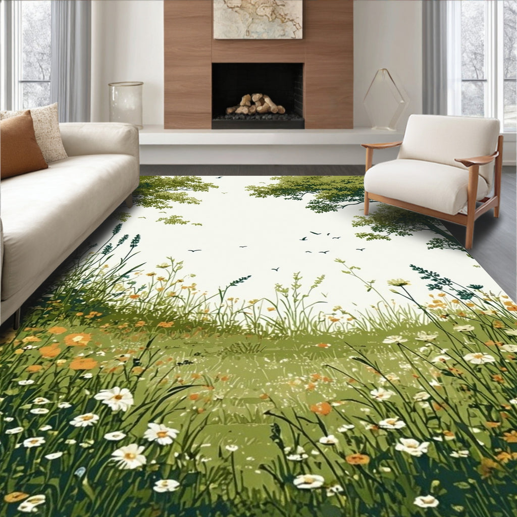 Wildflower Meadow with Birds Pattern Rug
