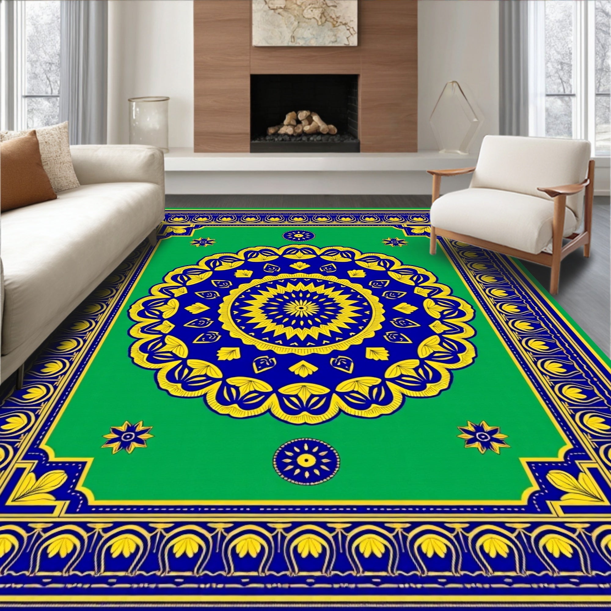 Bright Royal Blue Yellow Medallion Rug