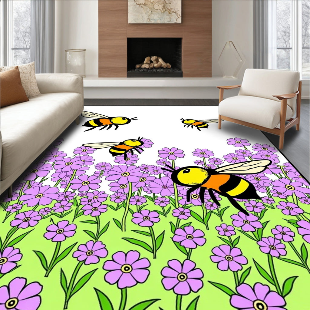 Whimsical Bees Purple Flowers Pattern Rug