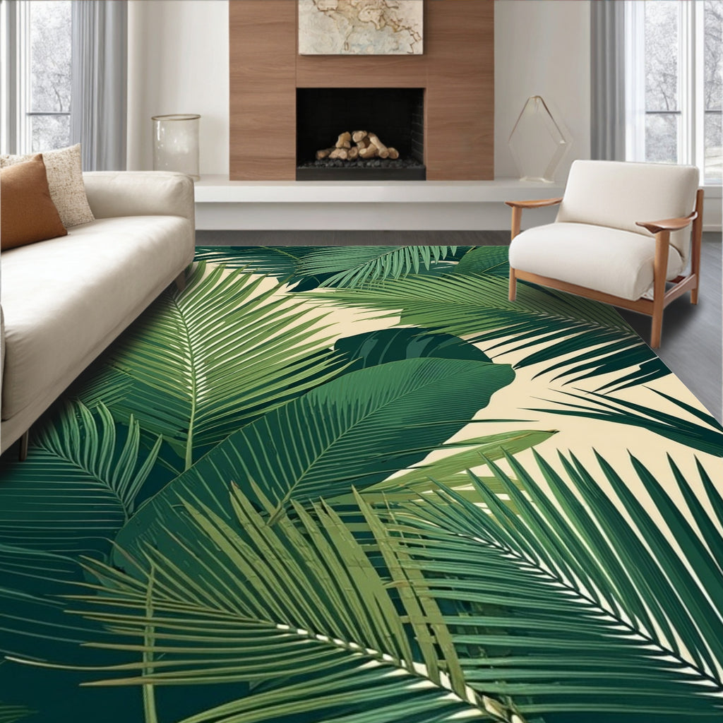 Lush Green Tropical Leaf Pattern Rug