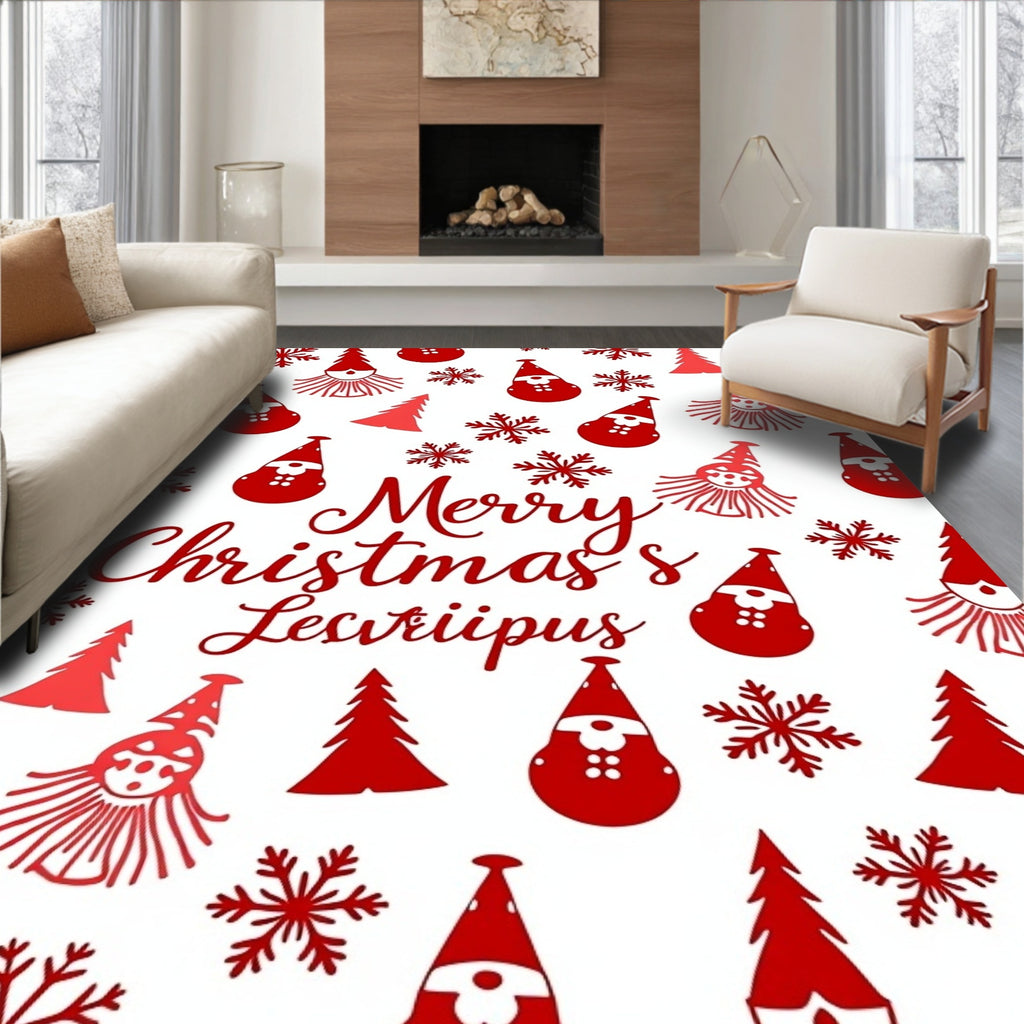 Red Santa Gnome Snowflake Forest Rug